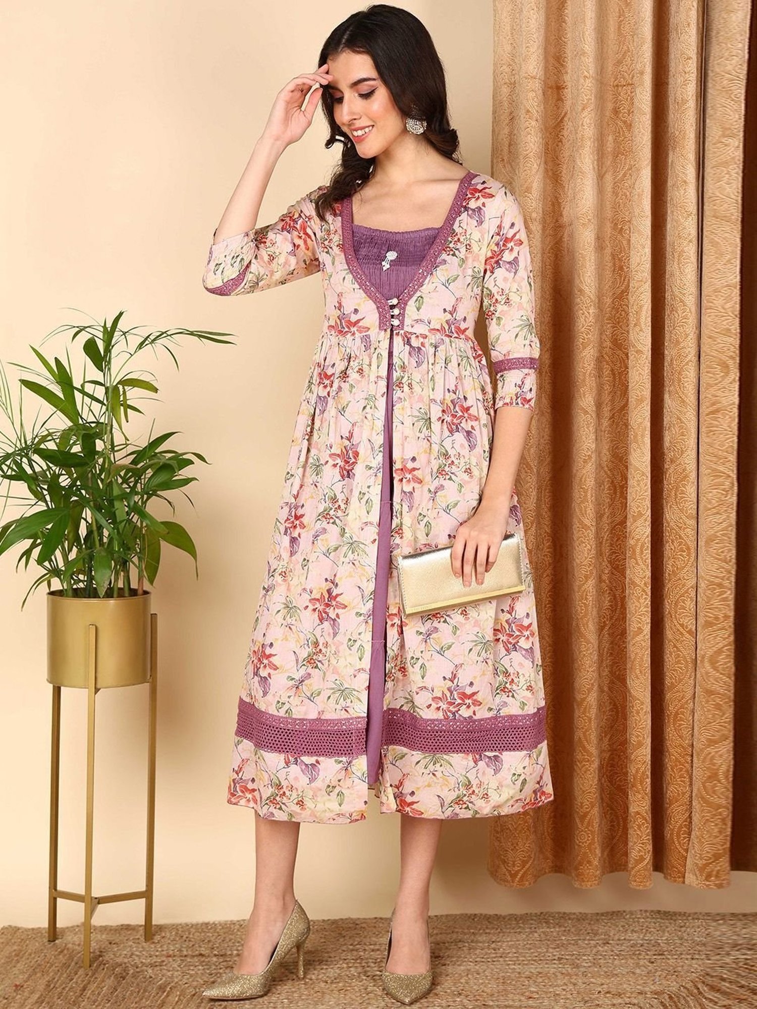 Vaamsi Off-White Cotton Floral Print Dress