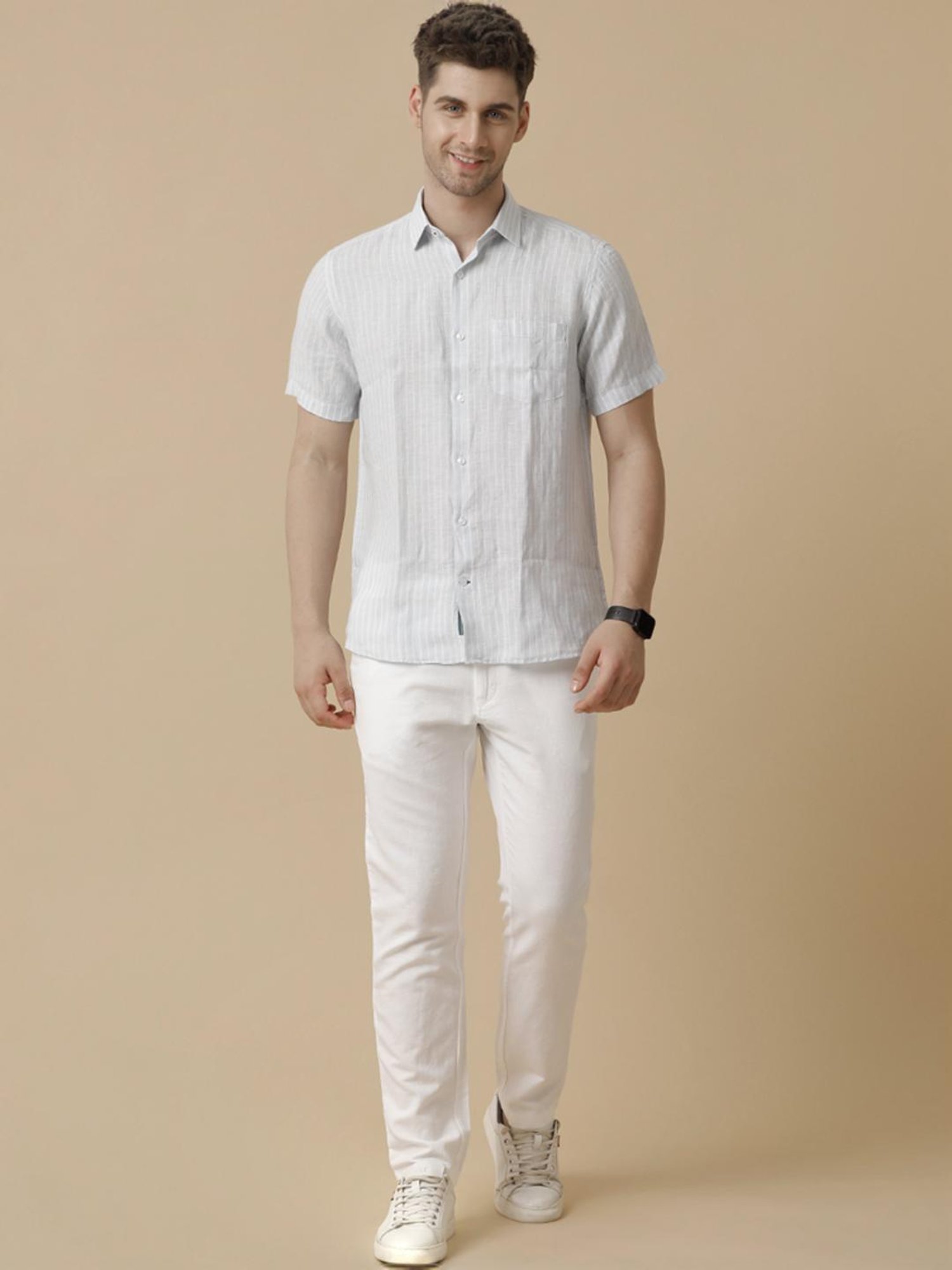 Linen Club Blue Linen Contemporary Fit Striped Shirt