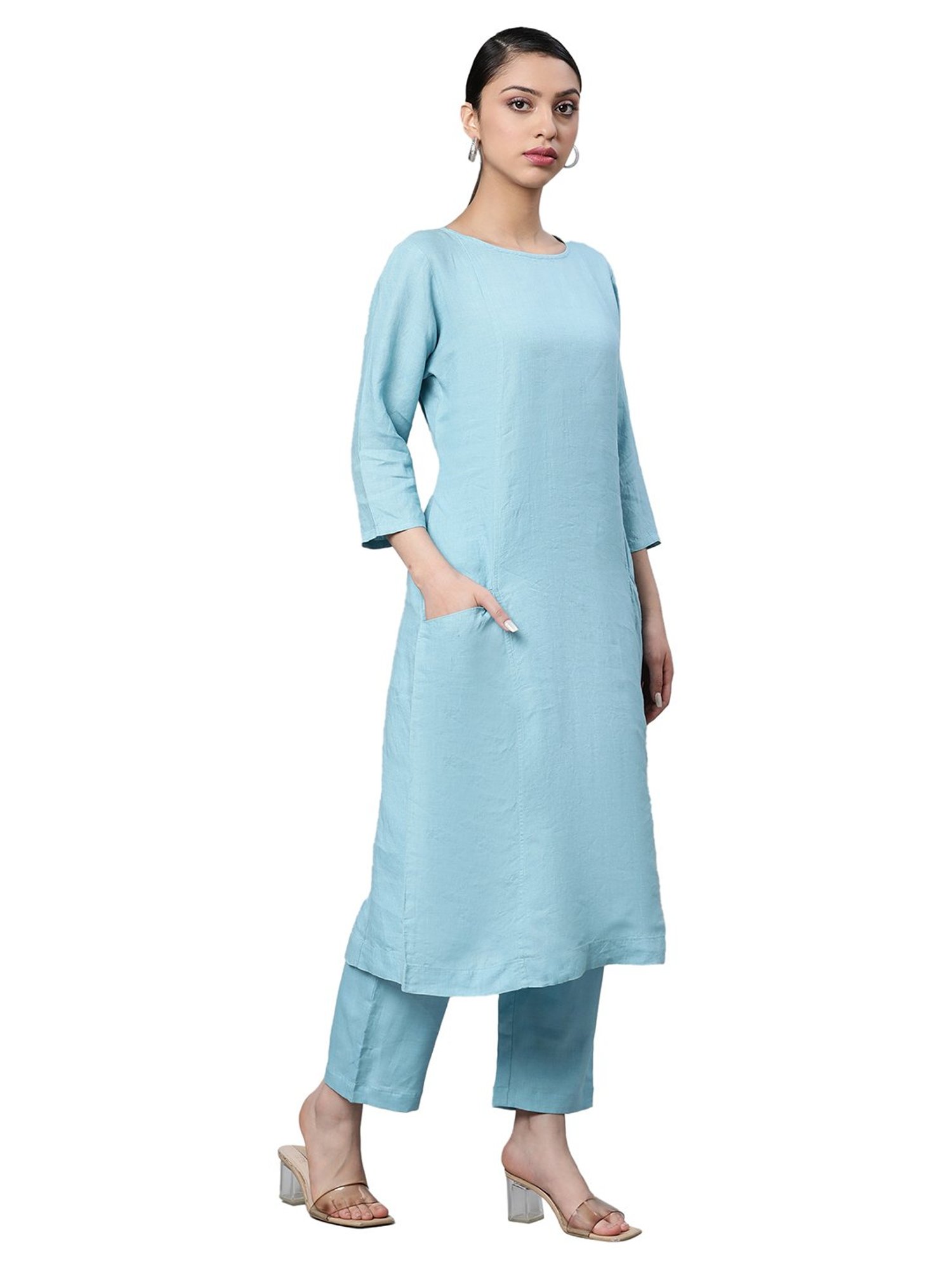 Linen Club Woman Blue Straight Kurta