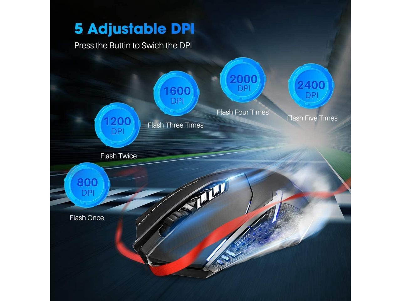 Wireless Gaming Mouse with Unique Silent Click, Breathing Backlit, 2 Programmable Side Buttons, 2400 DPI, Ergonomic Grips, 7-Button Design - Black