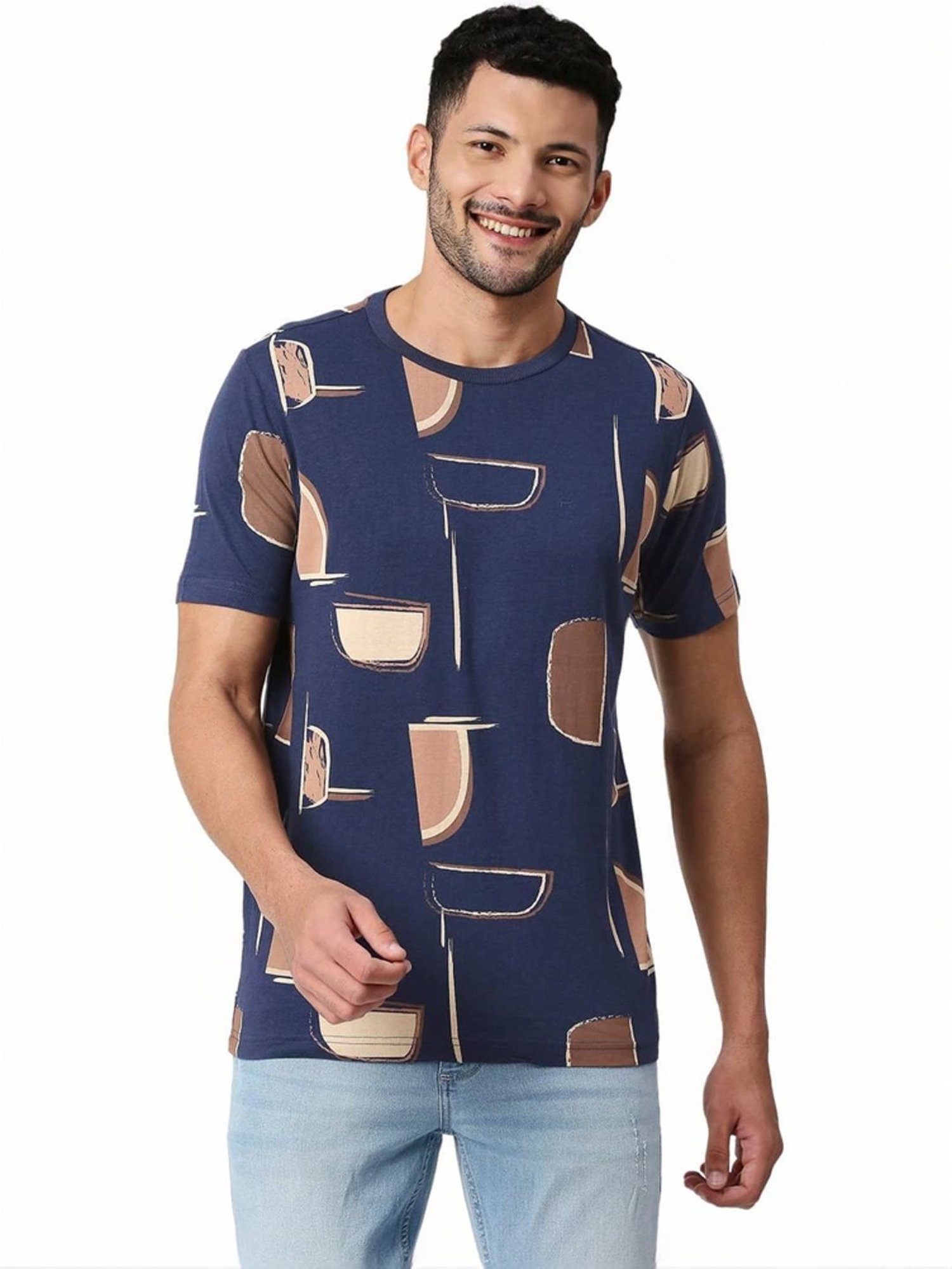 Basics Blue Muscle Fit Printed T-Shirt