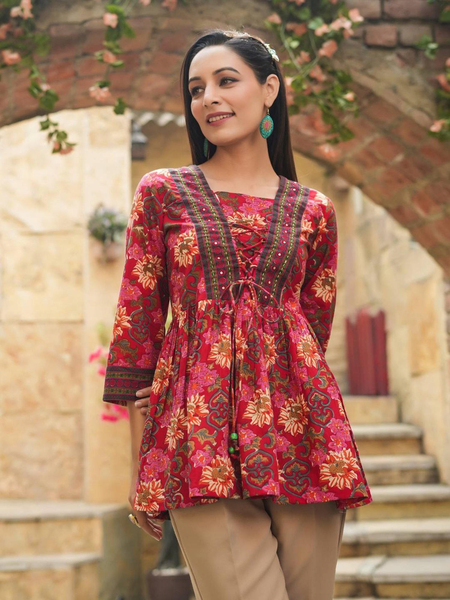 Rain and Rainbow Red Cotton Floral Print Top