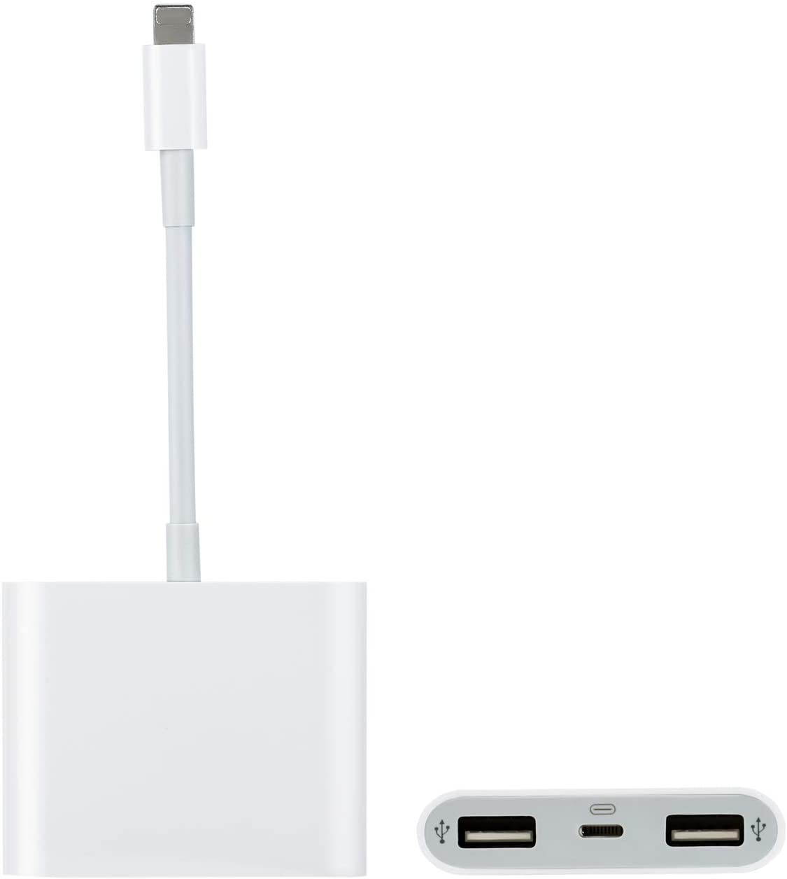 Dual USB Camera Adapter with Charging Port, 3 in 1 USB Female OTG Cable Compatible with iPhone/iPad, Support iOS 9.2 to 13+, USB Flash Drive, Card Reader, Mouse, Keyboard, Upto 500mAh (White)