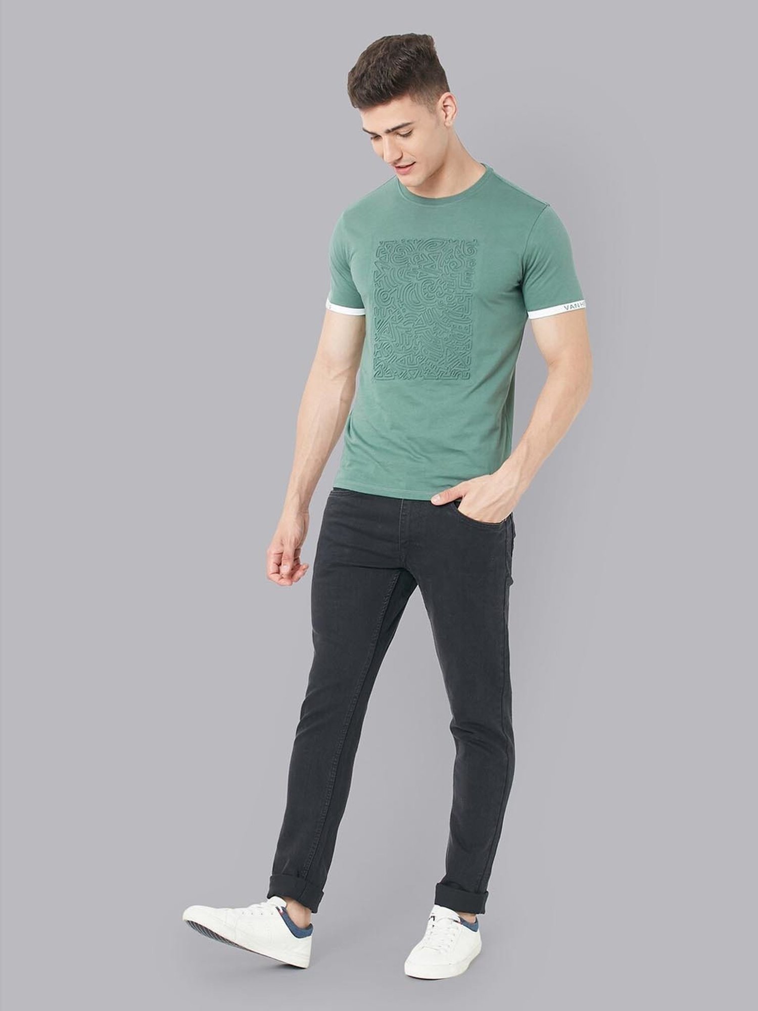 V Dot Green Cotton Slim Fit Printed T-Shirt