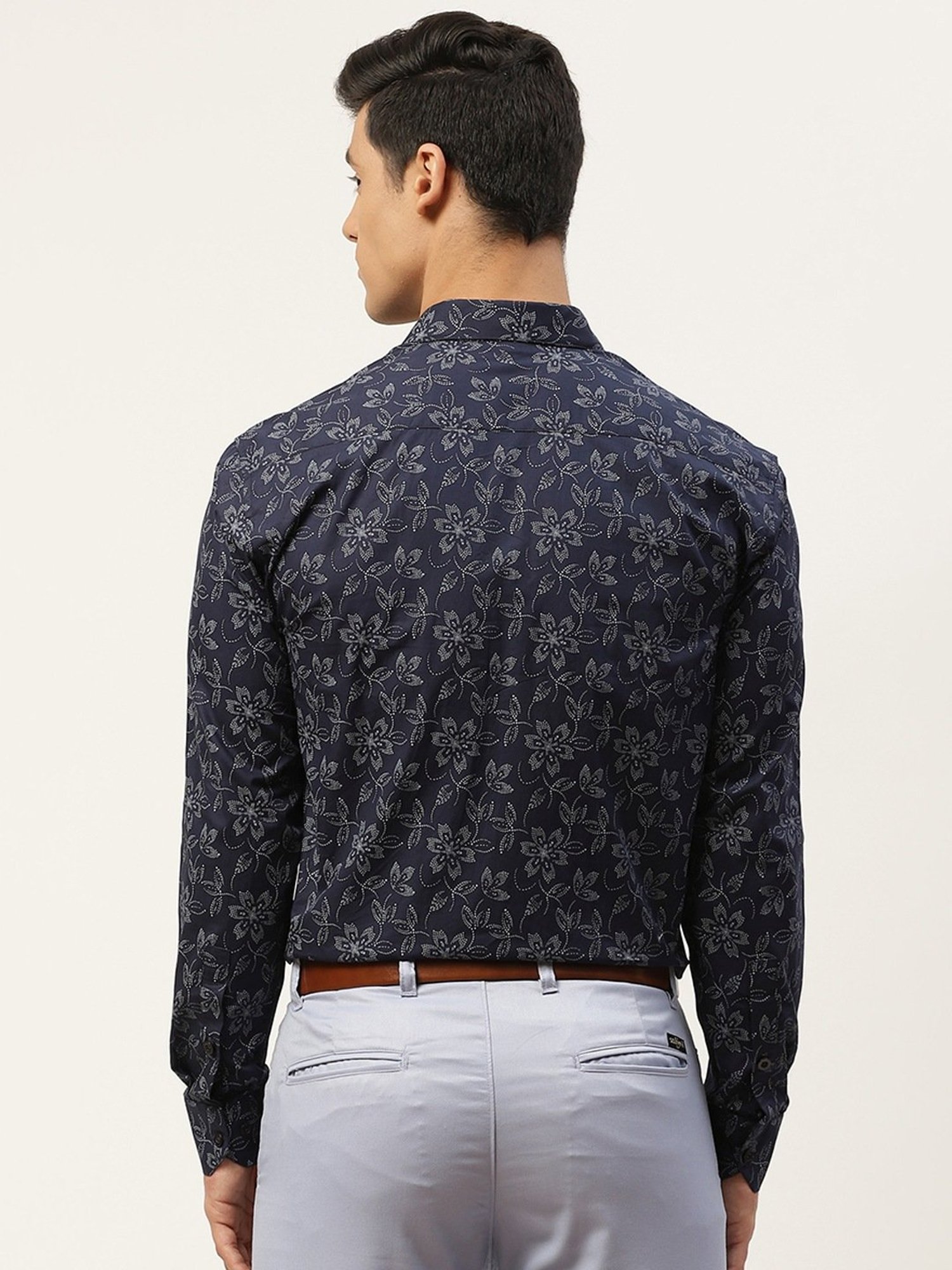 Sojanya Navy Cotton Regular Fit Floral Print Shirt