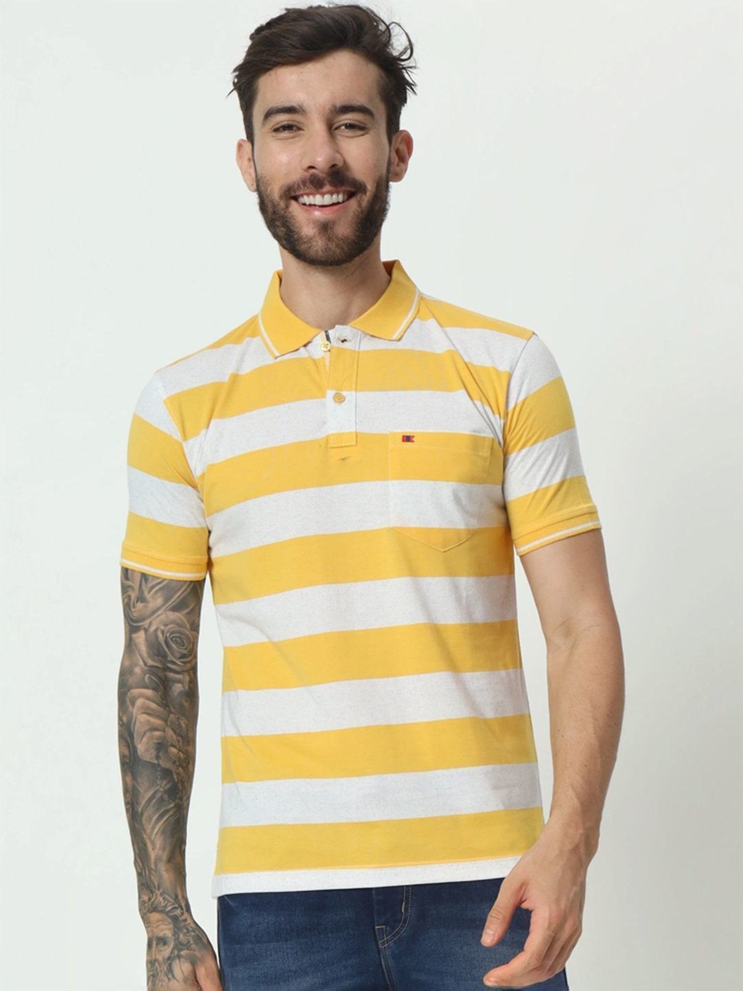 Tab91 Yellow Regular Fit Striped Polo T-Shirts