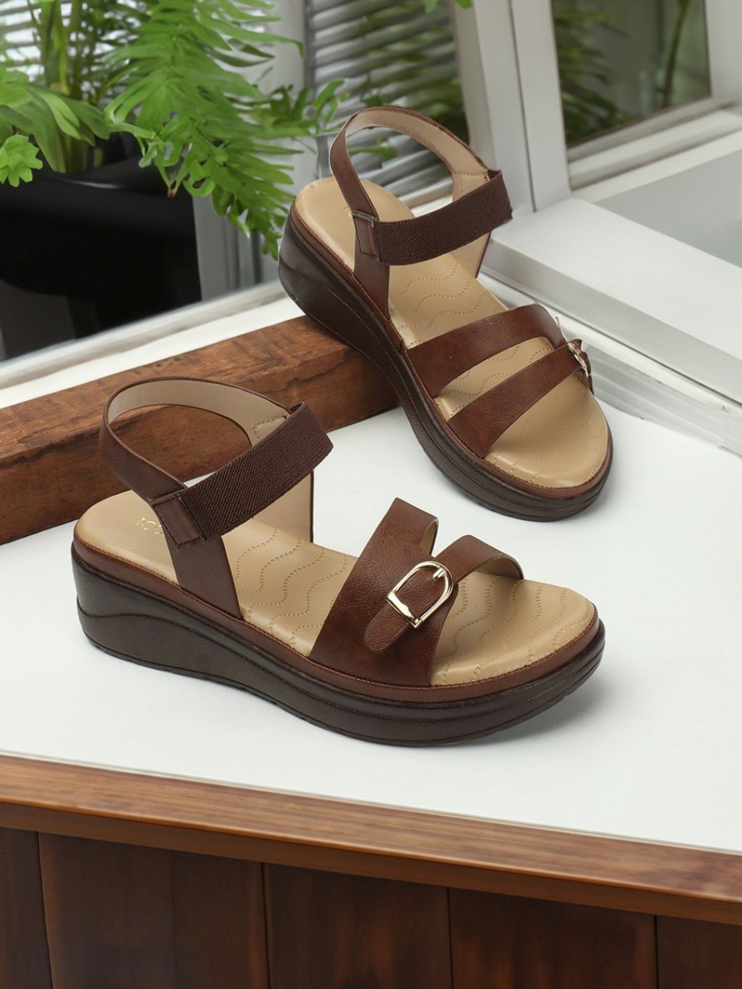 Iconics Women's Brown Ankle Strap Wedges