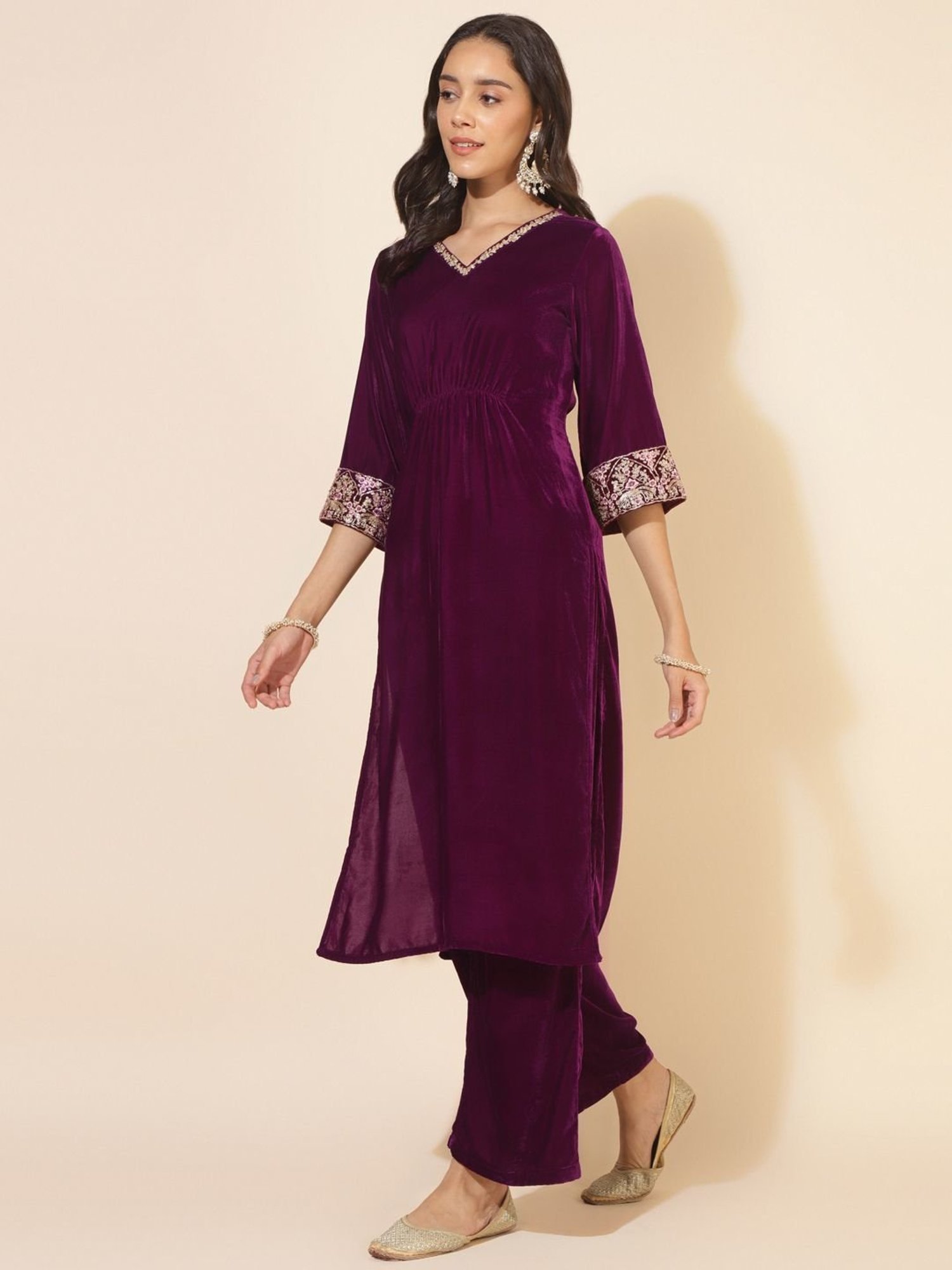 Janasya Purple Embroidered Kurta Palazzo Set