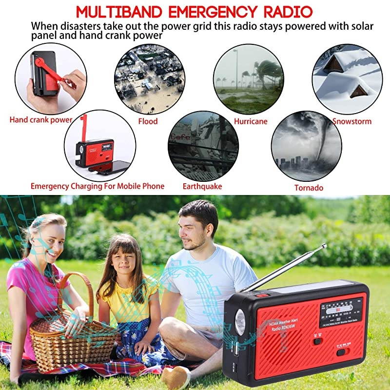 Radio with Solar and Hand Crank Self Powered Portable FMAM NOAA Weather Radio with Alert Battery USB Recharging LED Flashlight Cell Phone Charger red