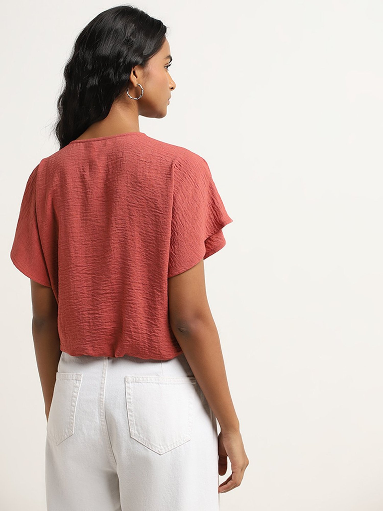 LOV by Westside Red Crinkle Textured Wrap-Over Top