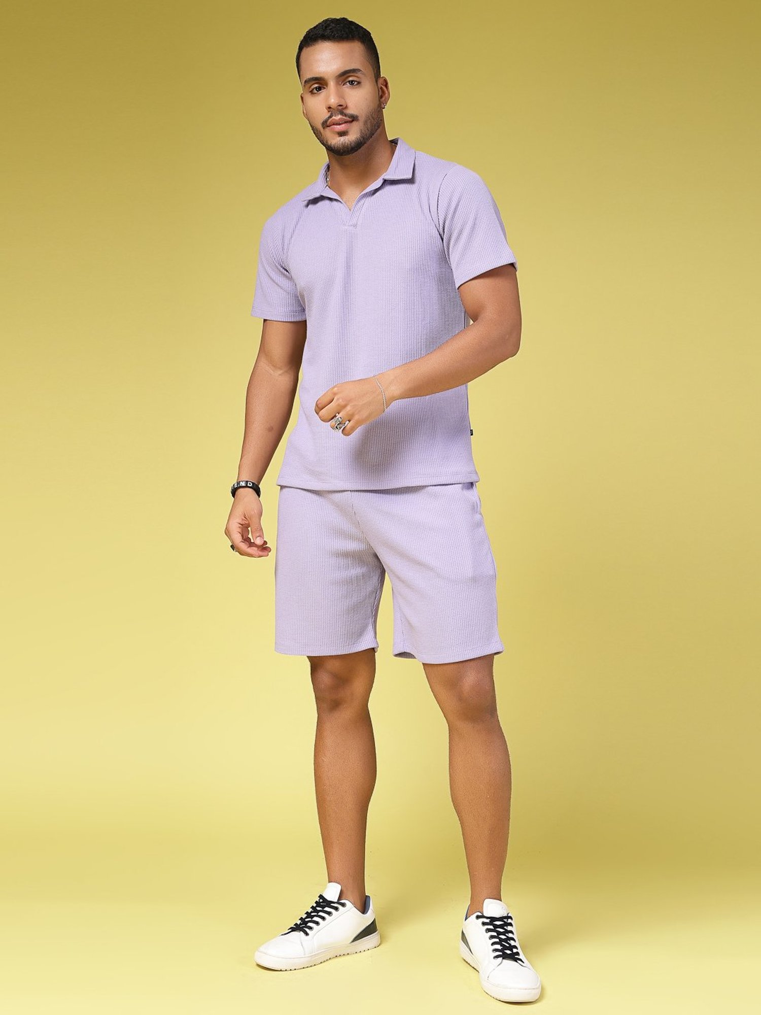 Rigo Light Purple Slim Fit Textured T-Shirt & Shorts Set