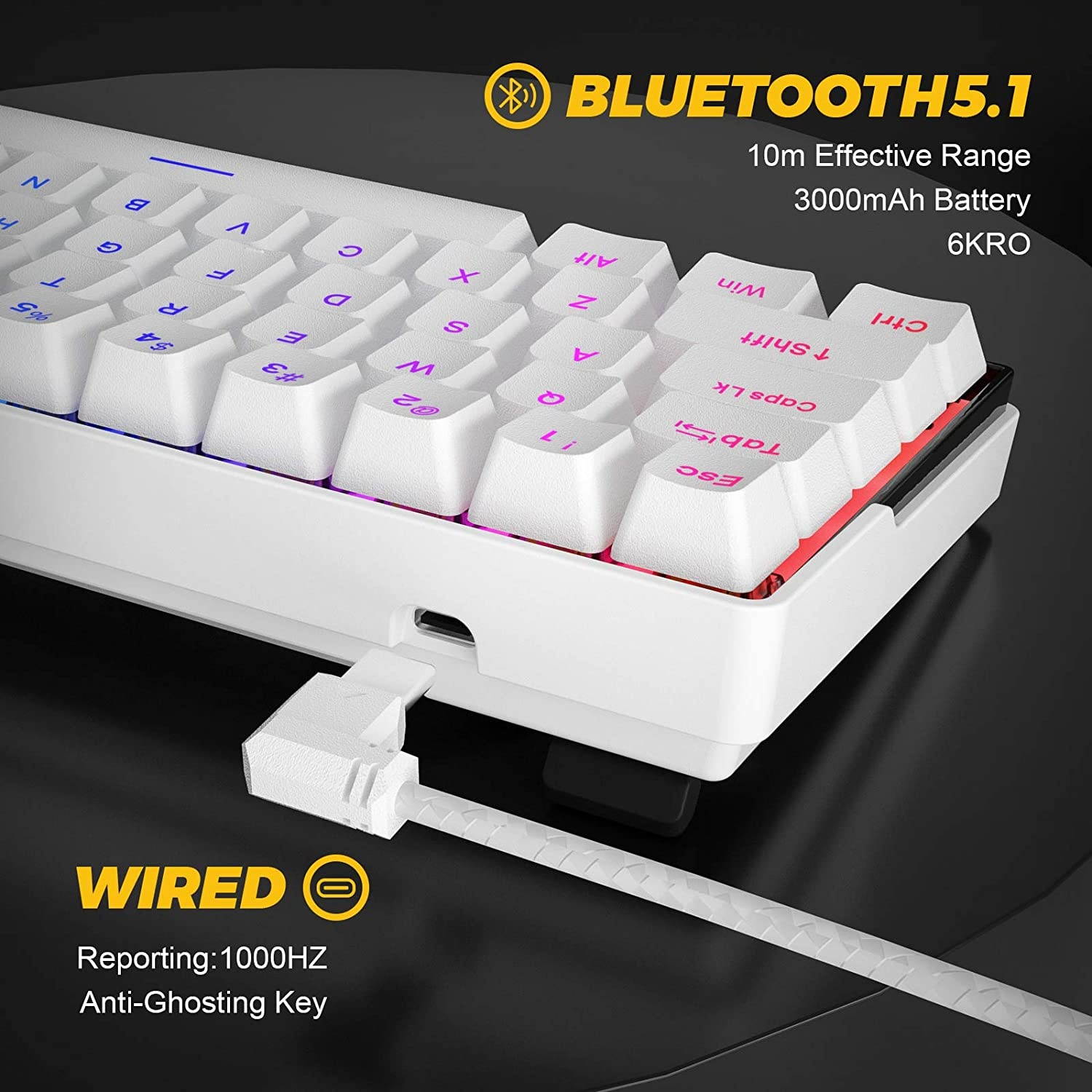 KEMOVE Snowfox Wired/Wireless 60% Mechanical Gaming Keyboard,Hot Swappable Keyboard RGB Backlit PBT Keycaps Full Keys Programmable - 3000mAh Battery (Gateron Red Switch)