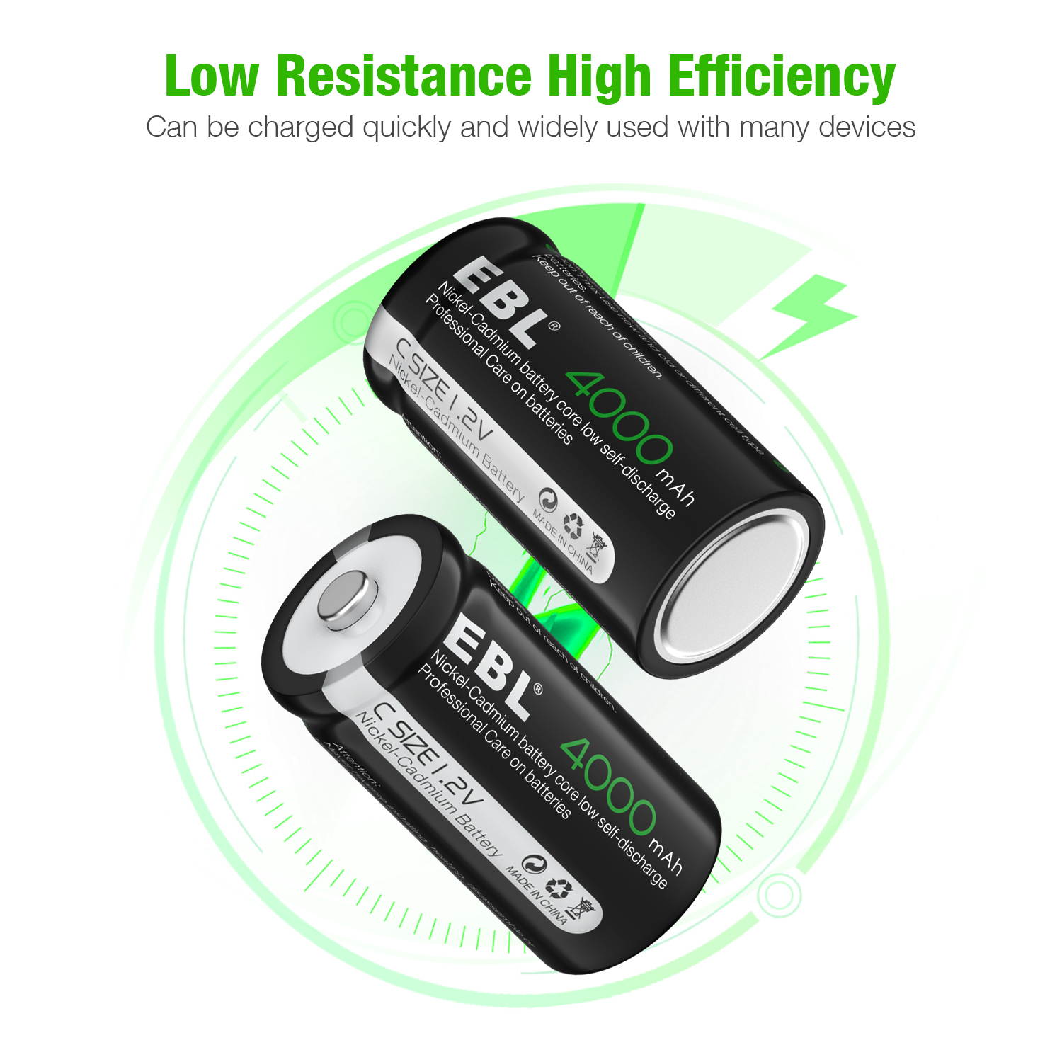 EBL 8PCS  Rechargeable C Battery High Performance Ni-Cd Battery 4000mAh