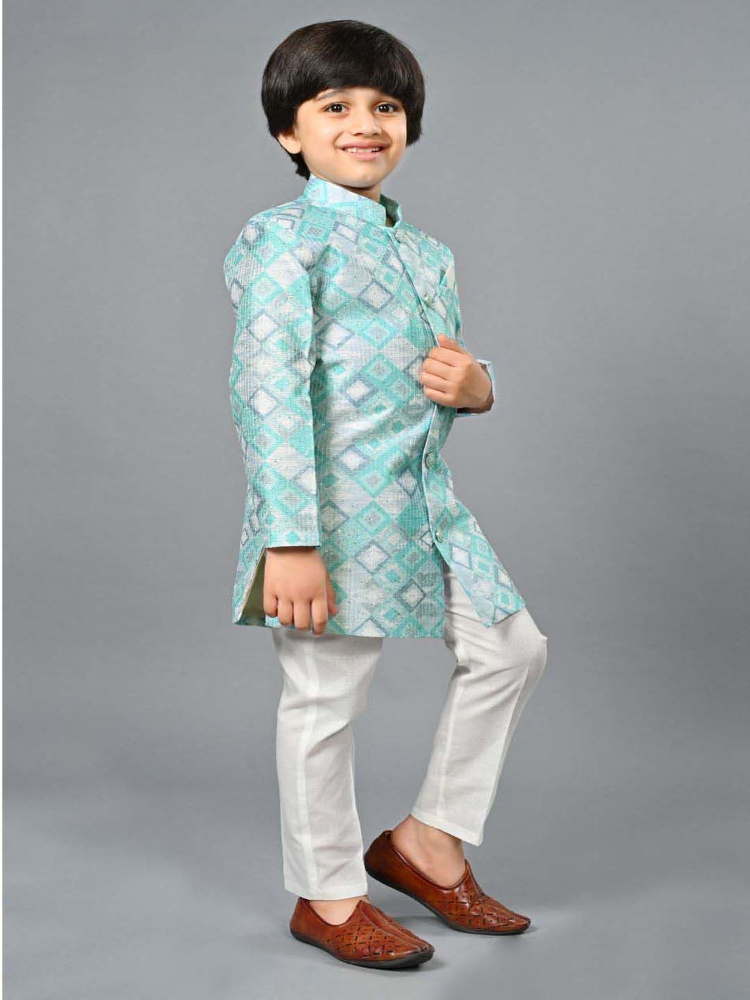 Ahhaaaa Kids Green & White Embellished Full Sleeves Sherwani Set