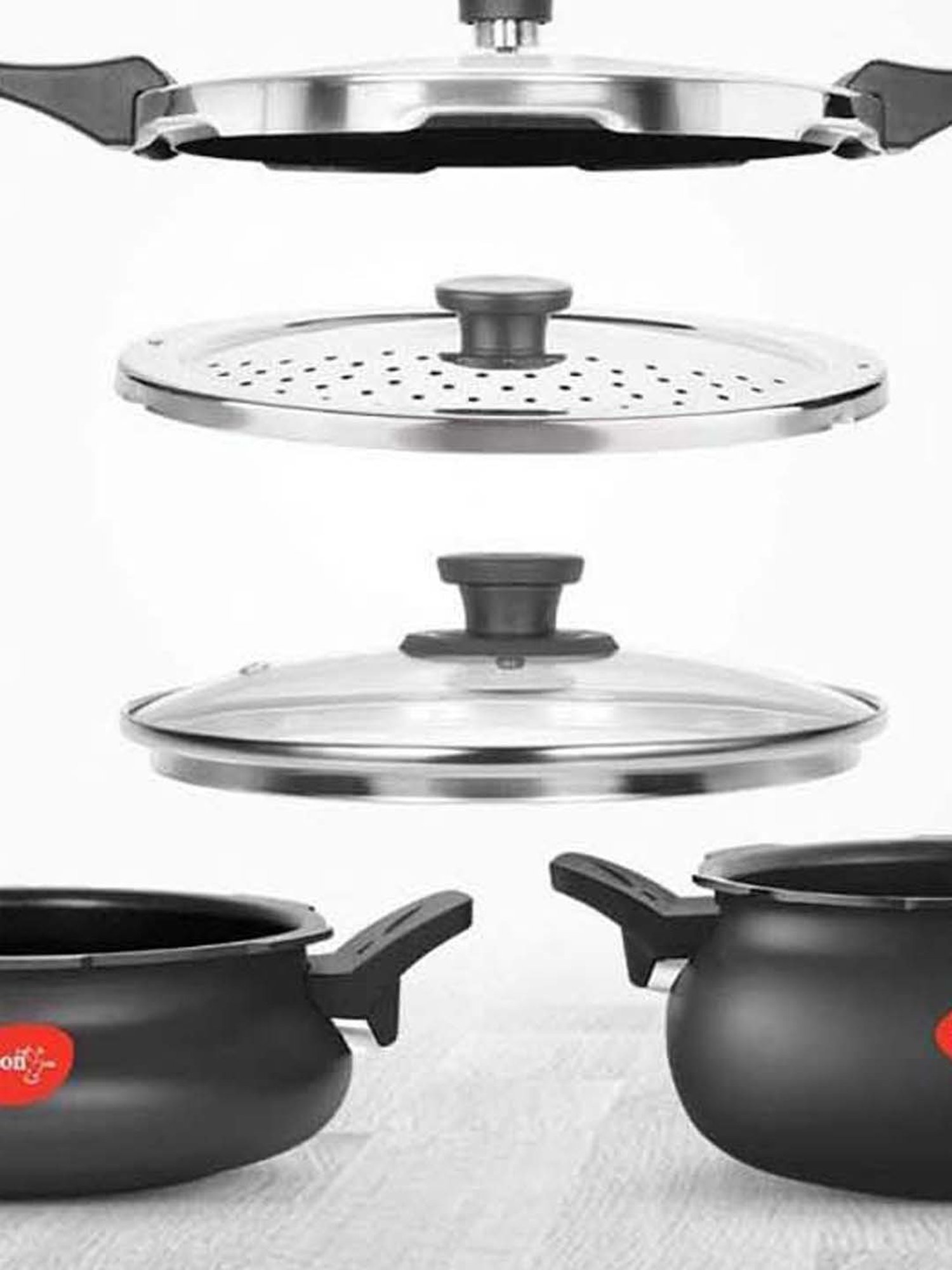 Pigeon Black Aluminium 29 cm Induction Friendly Pressure Cooker With Lid & Strainer (5 L) - Set of 2