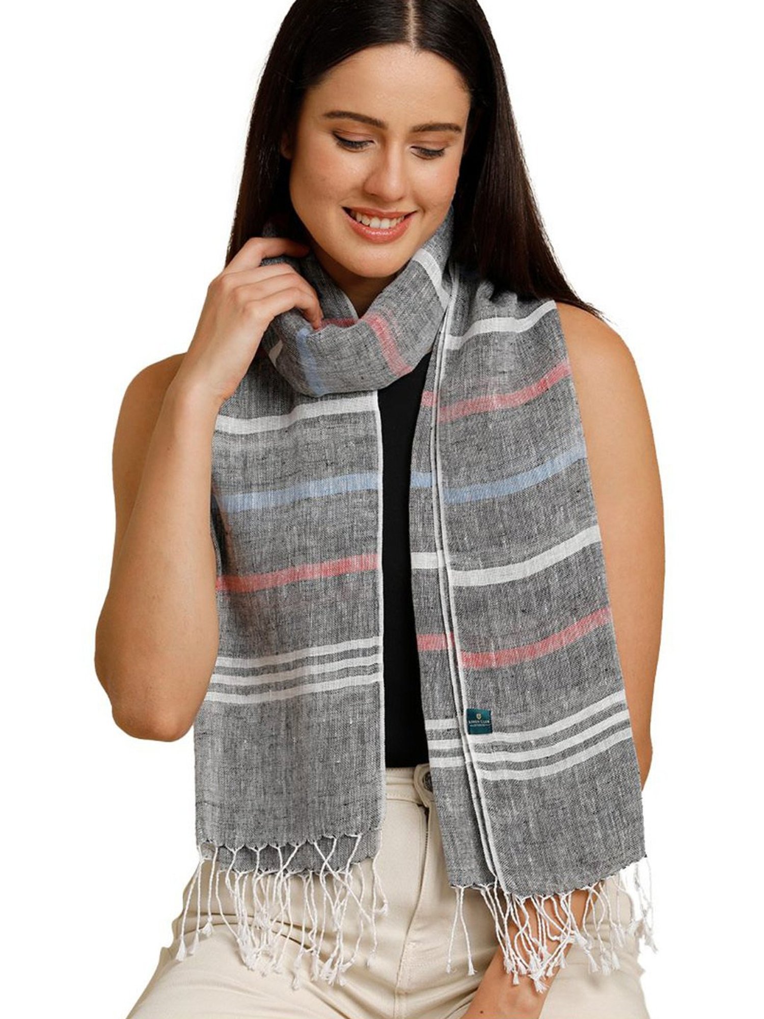 Linen Club Grey Striped Pure Linen Stole