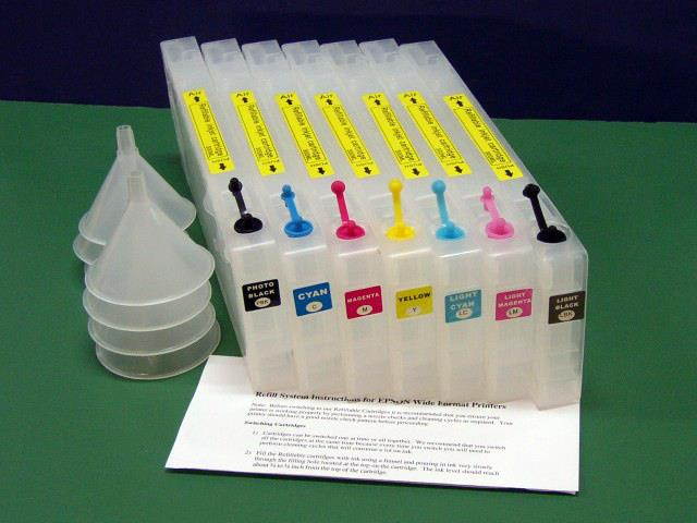 InkOwl&reg; - 7 Refillable Cartridges for EPSON 7600, 9600 with filling funnels, chip resetter