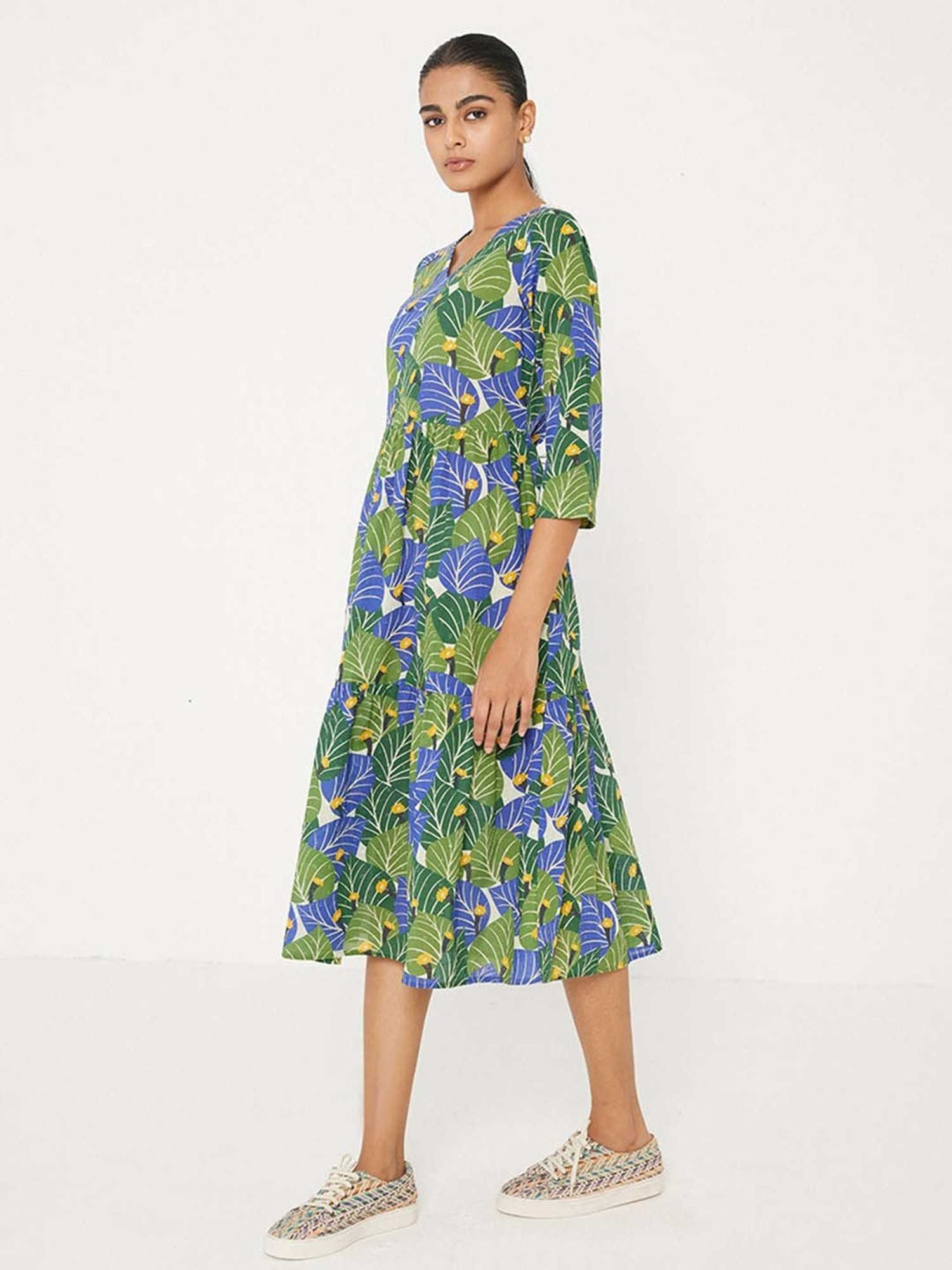 ANCESTRY Green Printed Midi Dress