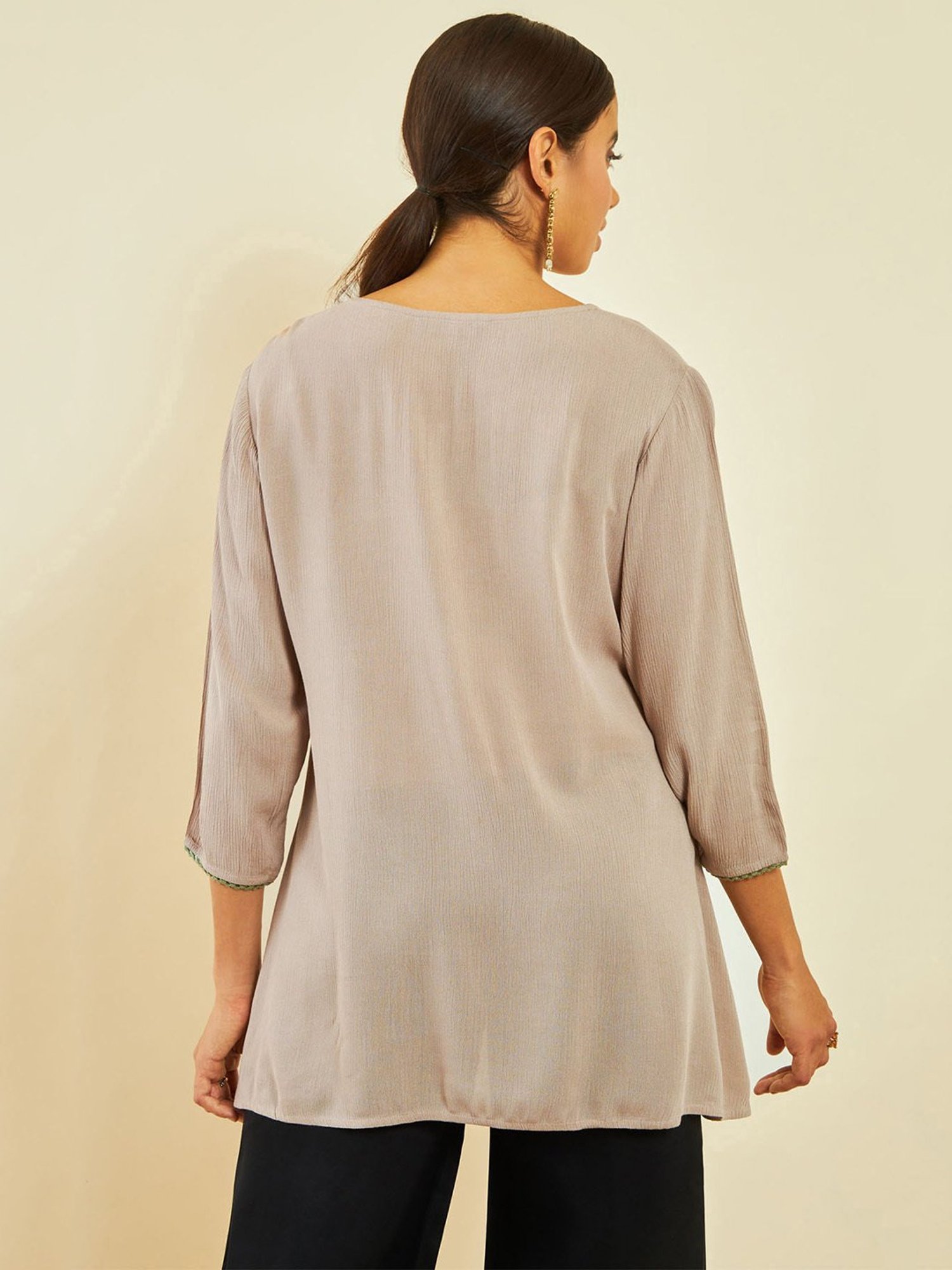 Soch Beige Crepe Floral Threadwork Embroidered Round-Neck Tunic