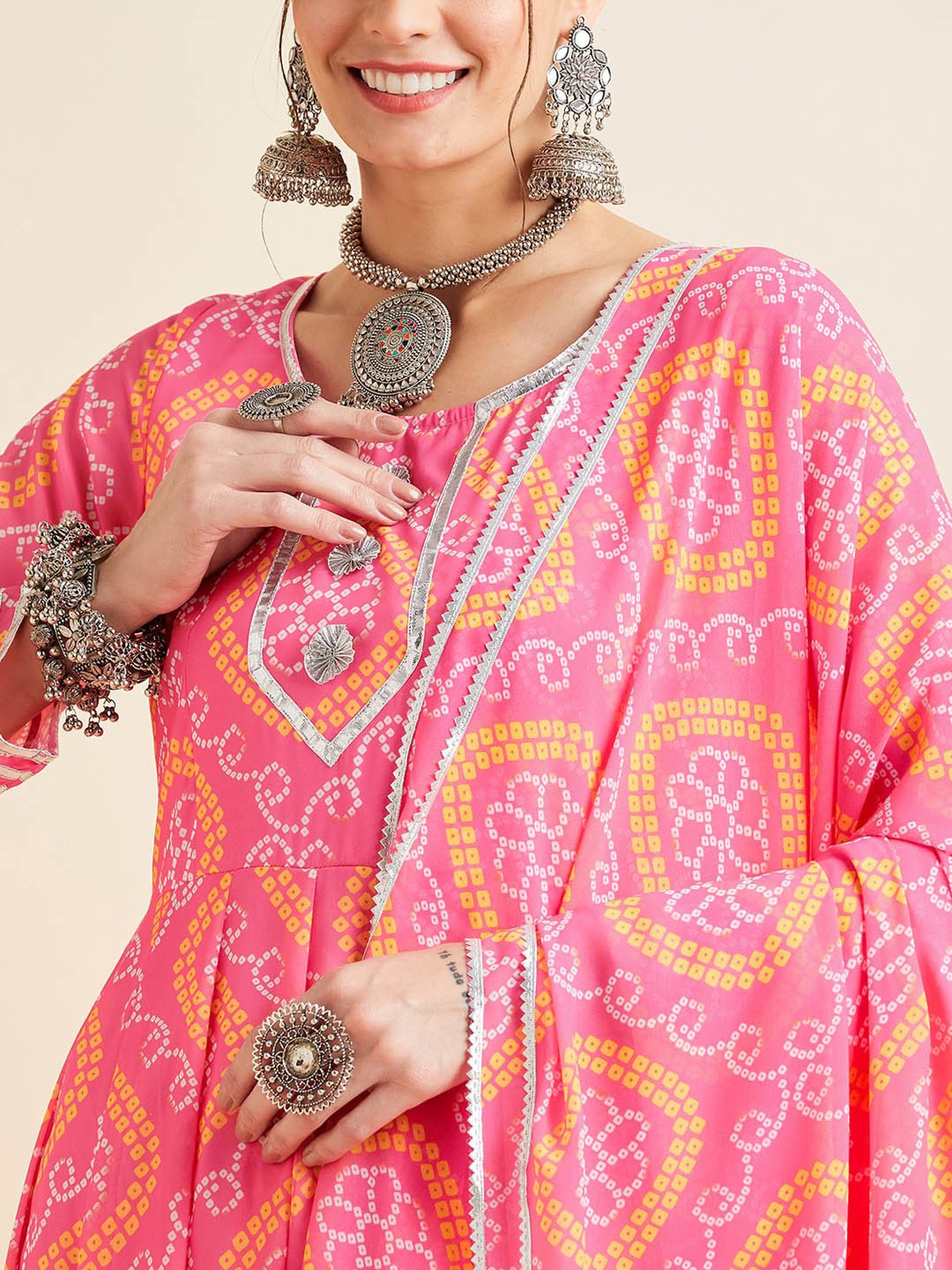 PANIT Pink Printed Ethnic Dress With Dupatta