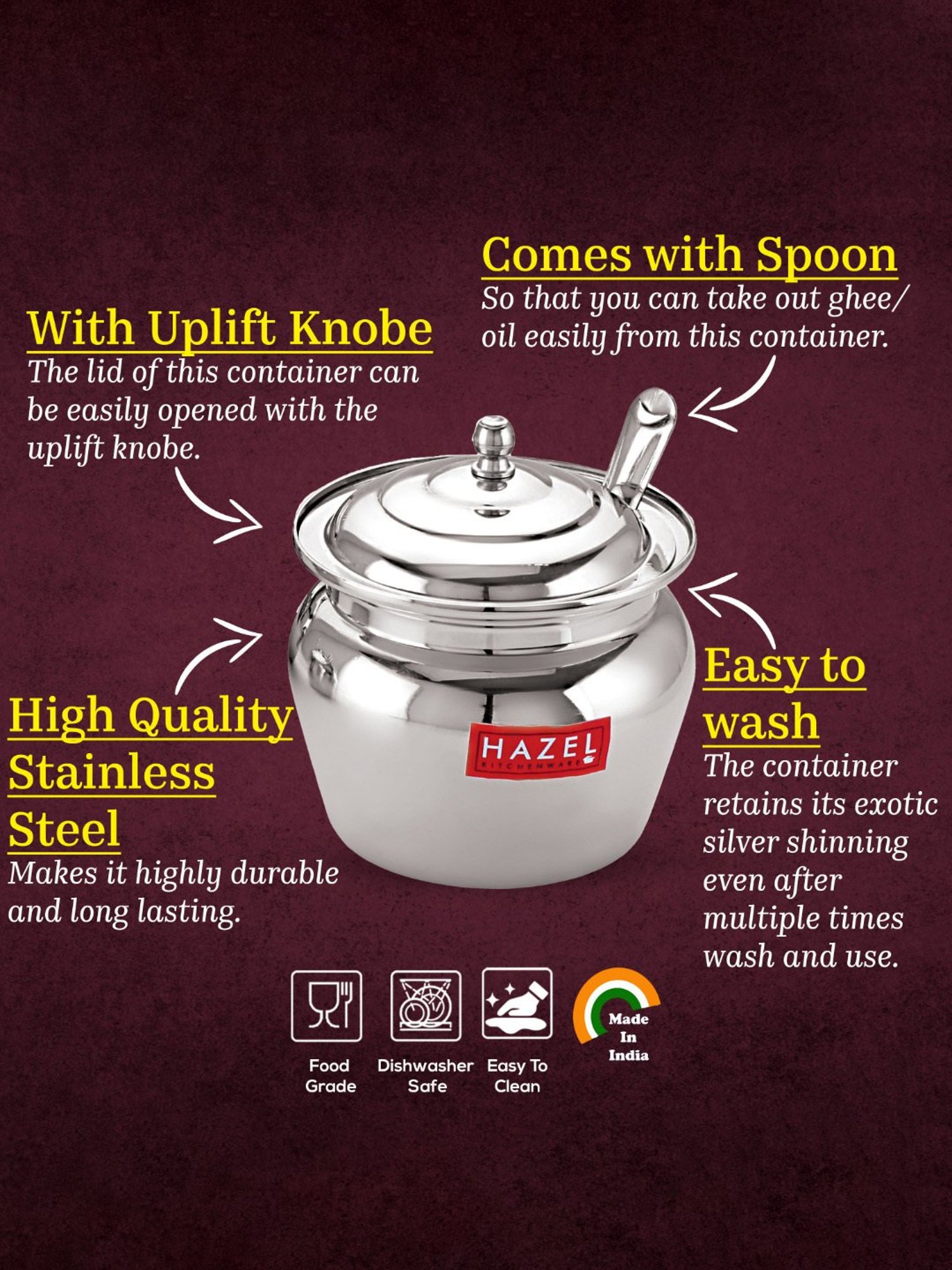 HAZEL Lotus Shaped Stainless Steel Ghee Pot (300 ml) - Set of 1