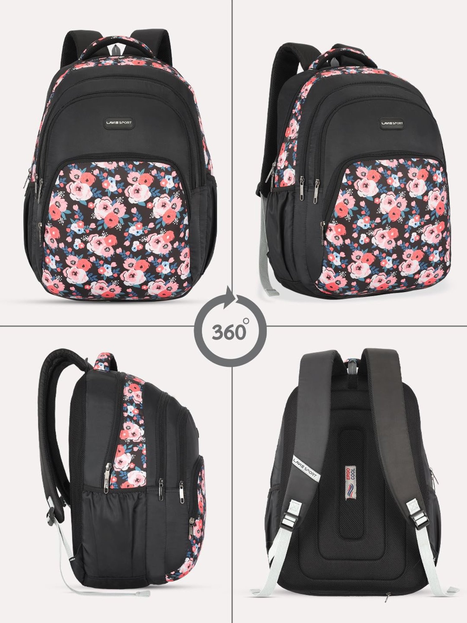 Lavie Sport Rosette 39L Printed School Backpack with Rain cover for Girls (Black)