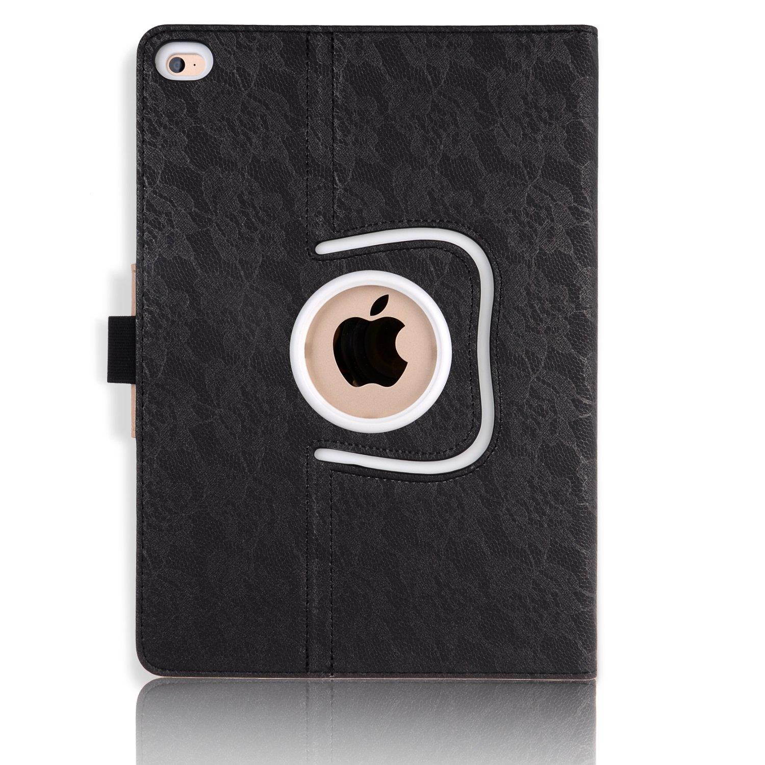 Thankscase Case for iPad Air 2, Rotating Case Smart Cover with Great Pattern,Swivel Case Bulid-in Wallet Pocket and Hand Strap for iPad Air 2.(Lace Black Gold)