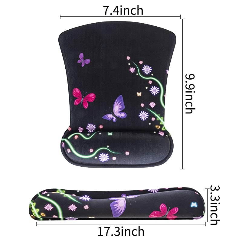 Ergonomic Memory Foam Keyboard and Mouse Pad Wrist Rest Support Set, Non-Slip Office Work Desk Mouse Pad Wrist Set by (Nice Butterfly & Flower)