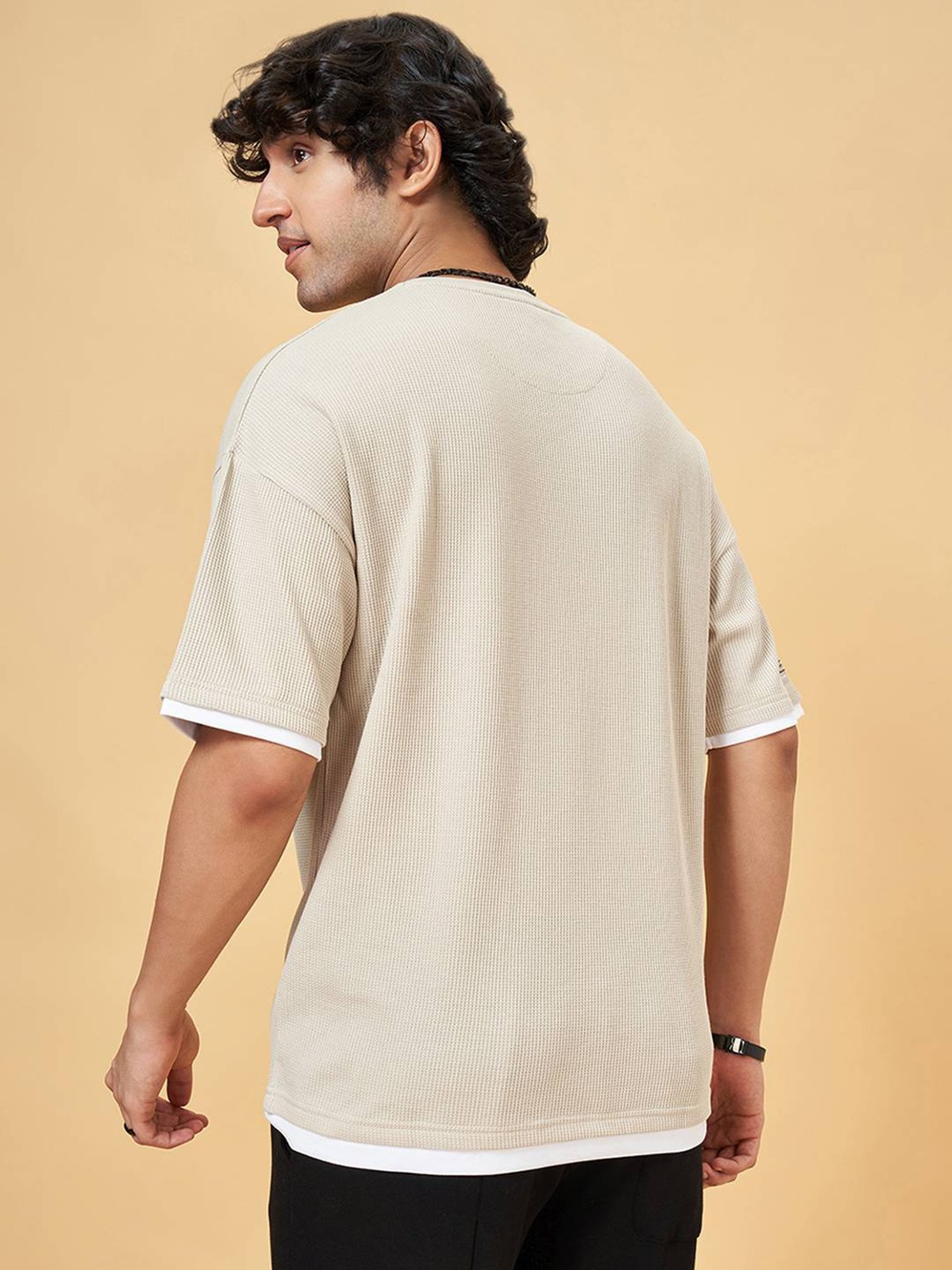 Street 808 By Pantaloons Warm Sand Regular Fit Texture T-Shirt