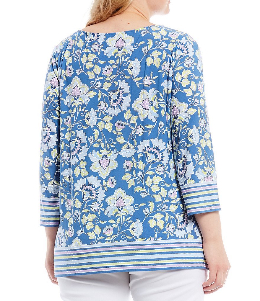 Ruby Rd. Plus Size Floral Puff Border Print Boat Neck 3/4 Sleeve Top