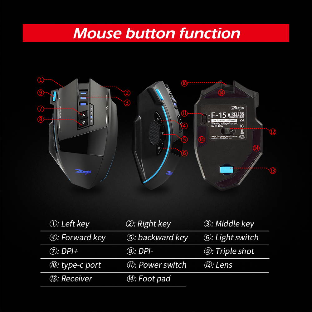LUOM F-15 Wired/Wireless Gaming Mouse Rechargeable  Optical Mice RGB LED Lights, 9 Buttons Programmable 1000-1600-2400-3200-4800DPI with Fire Button (Black)