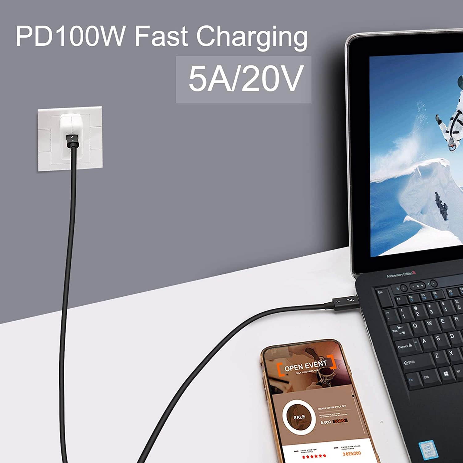 FVH Thunderbolt 2 Port Male to Male Video Data Cable for MacBook & SSD & Displays TB-004-WH