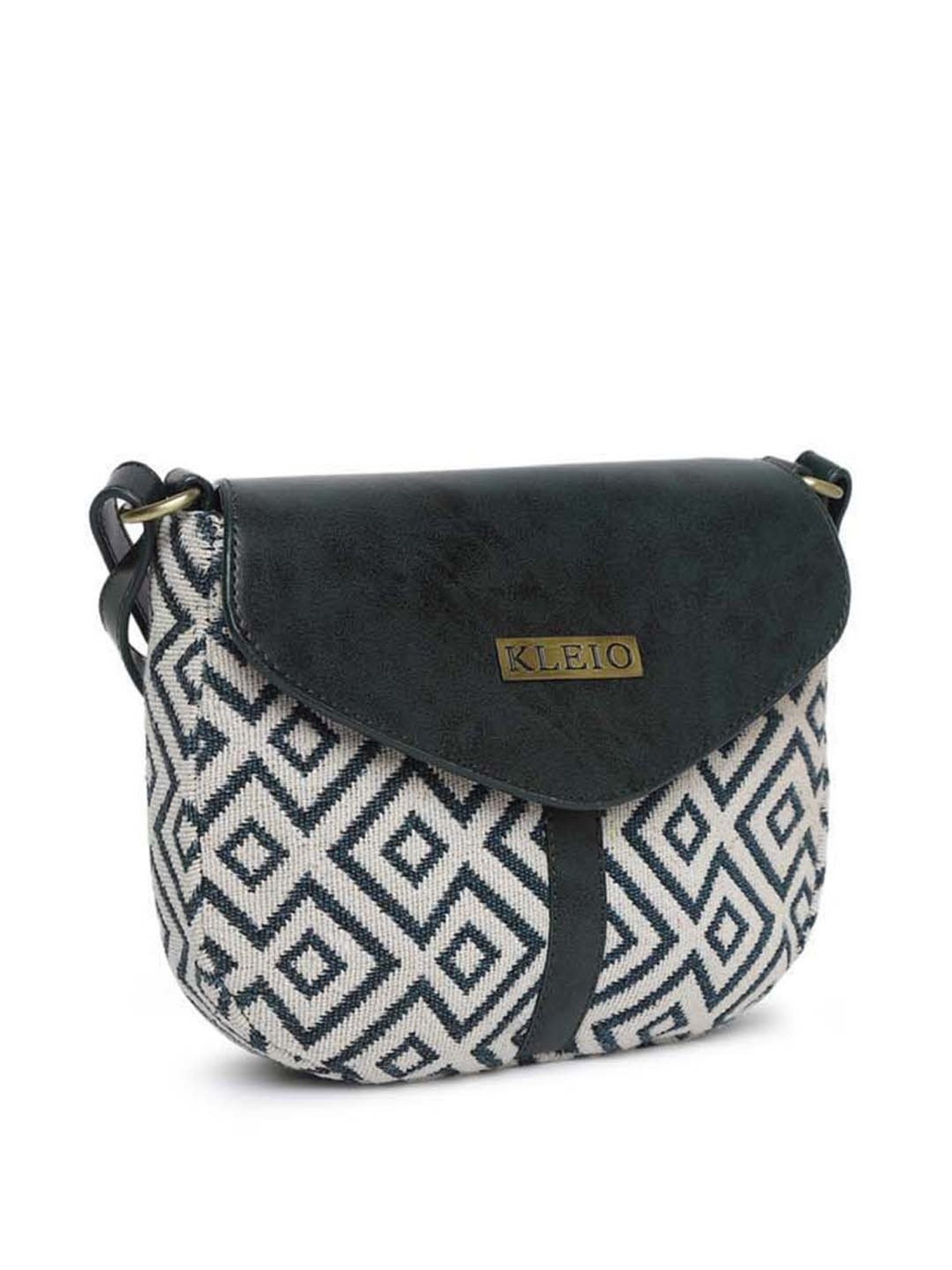 KLEIO Black & White Textured Medium Sling Handbag