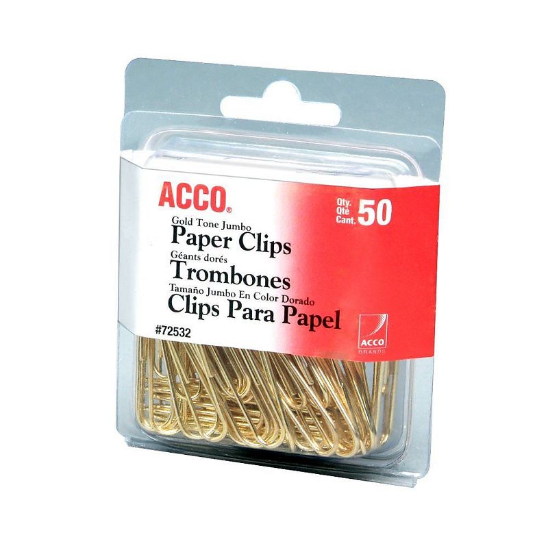 Acco Paper Clips Metal Wire Jumbo 1 3/4" Gold Tone 50/Box 72532