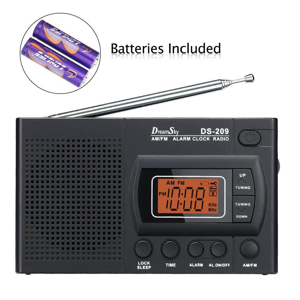 DreamSky Portable AM/FM Radio Alarm Clock, Clear Loudspeaker, Earphone Jack, 12 /24H Time Display with Backlight, Ascending Alarms, Battery Operated, Sleep Timer AA Battery Included.