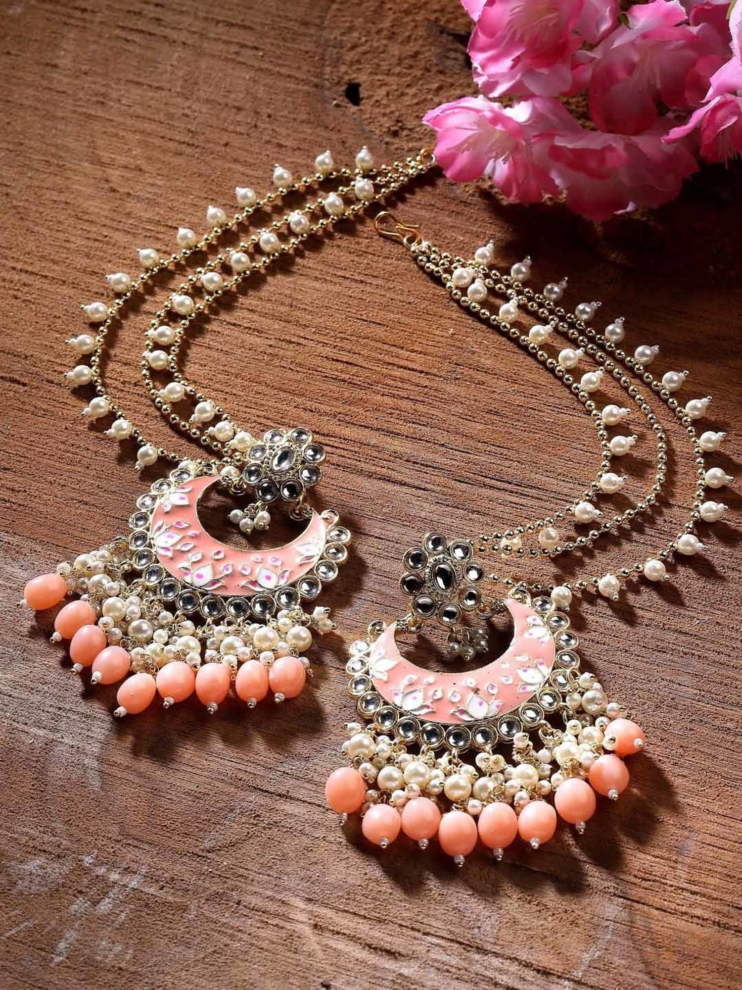 Karatcart Gold Plated Peach Meena Pearl and Tumble Studded Kundan Kaanchain Earrings for Women