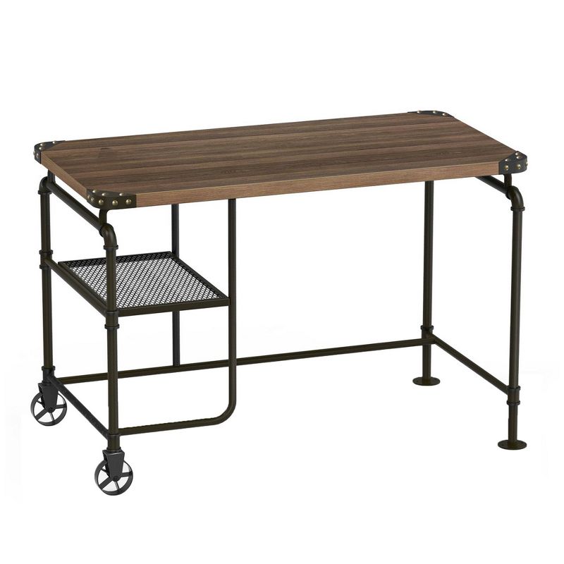 Industrial Metal Writing Desk Antique Wood - Benzara