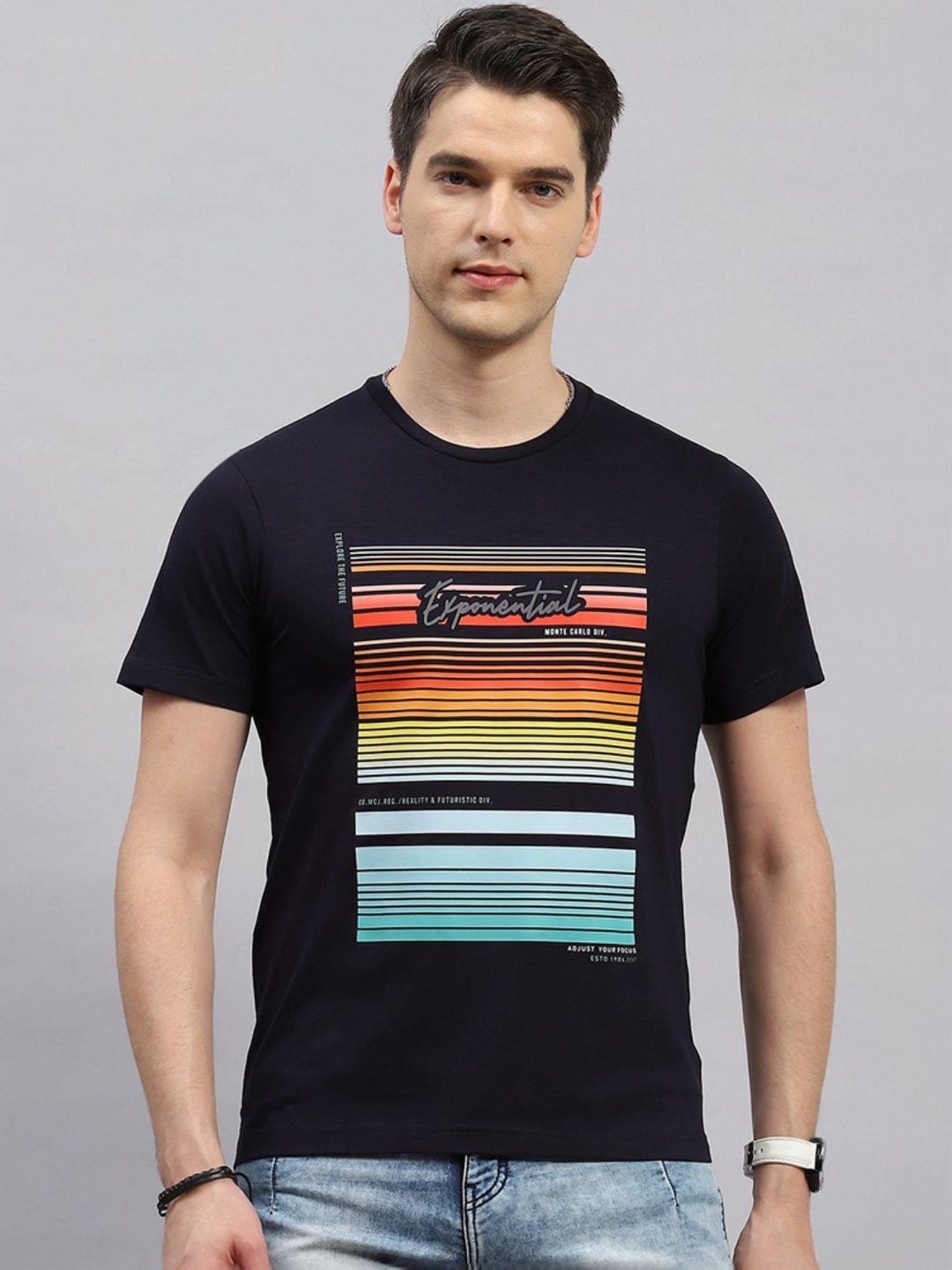 Monte Carlo Navy Blue Regular Fit Printed T-Shirt
