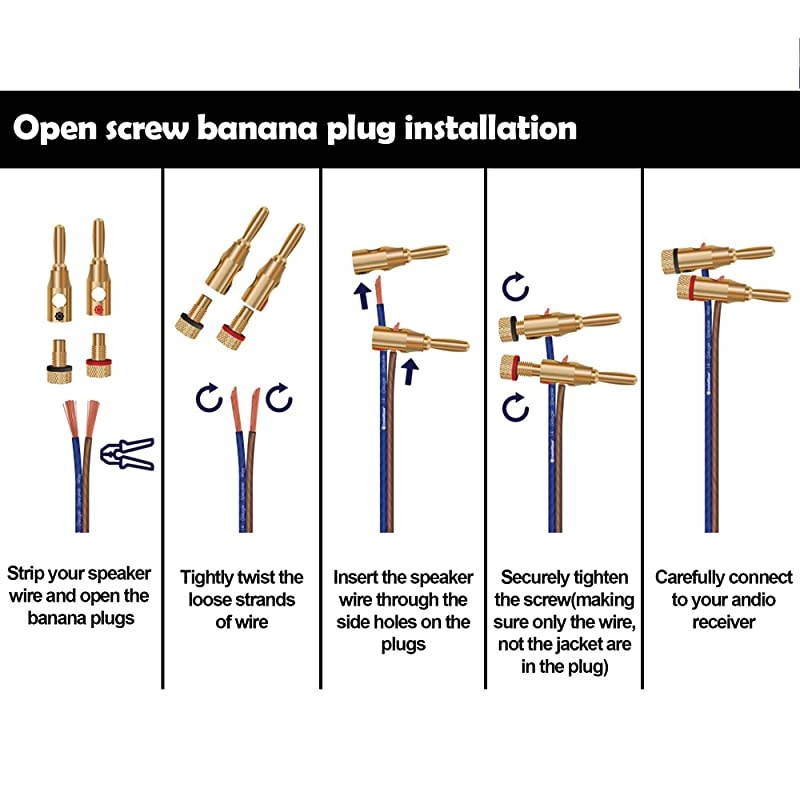 Plugs Open Screw 24K Gold Plated Plugs Audio Jack Connector for Speaker Stereo Cable 24Pack 12 Red 12 Black