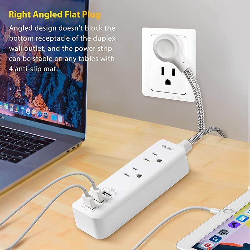 Strip with USB - 2 Outlets 3 USB Charging Ports(3.1A, 15W), Desktop Charging Station with 5 ft Braided Extension Cord, Flat Plug Travel Strip for Cruise, Home Office, ETL Listed