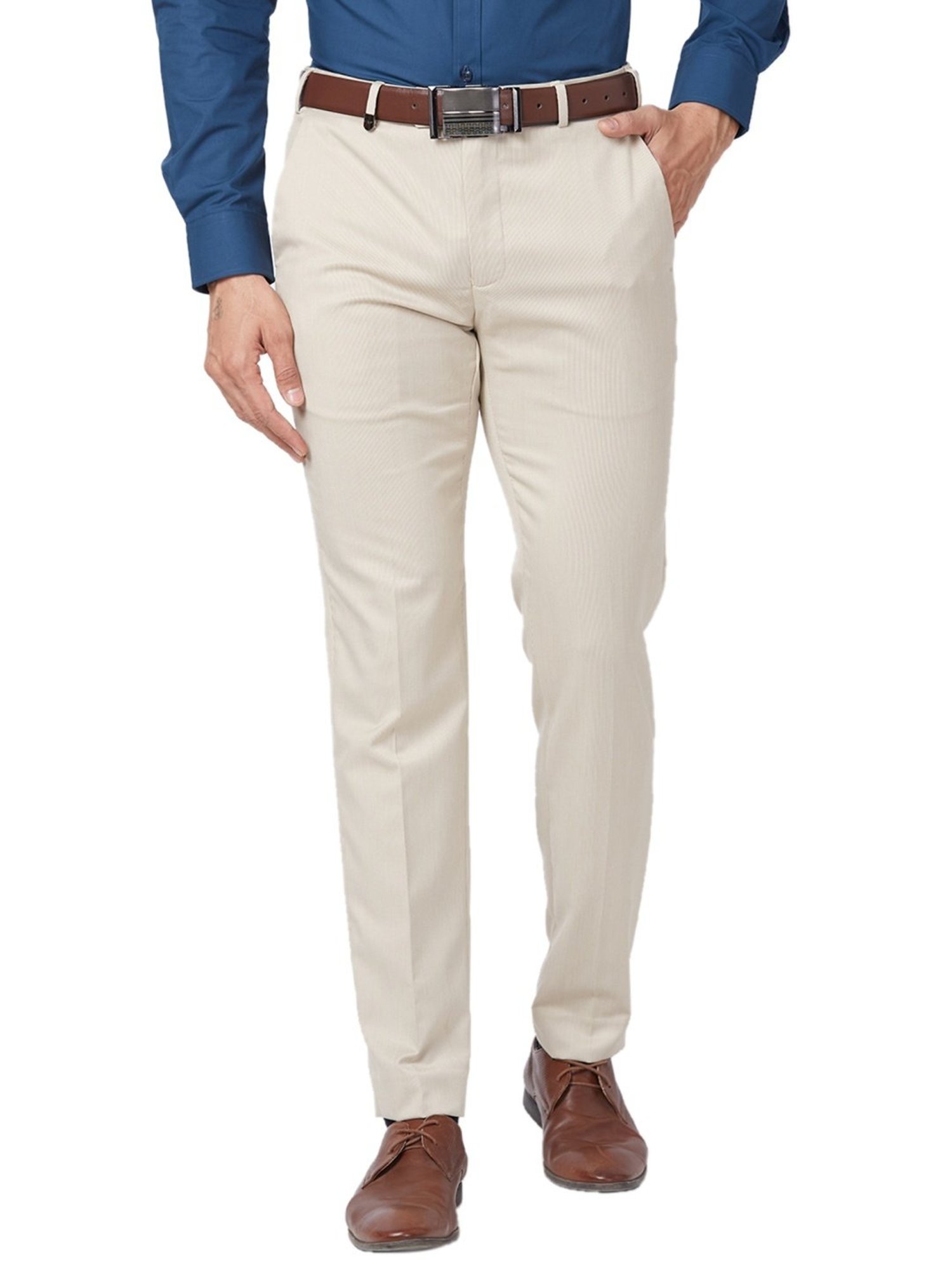 Park Avenue Beige Classic Fit Striped Trousers