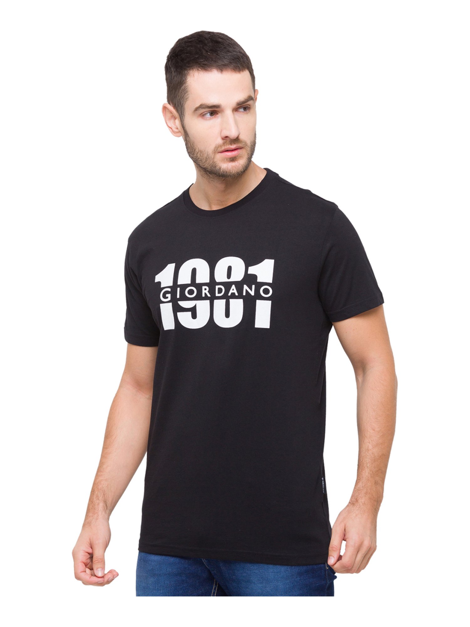 Giordano Black Cotton Slim Fit Logo Printed T-Shirt
