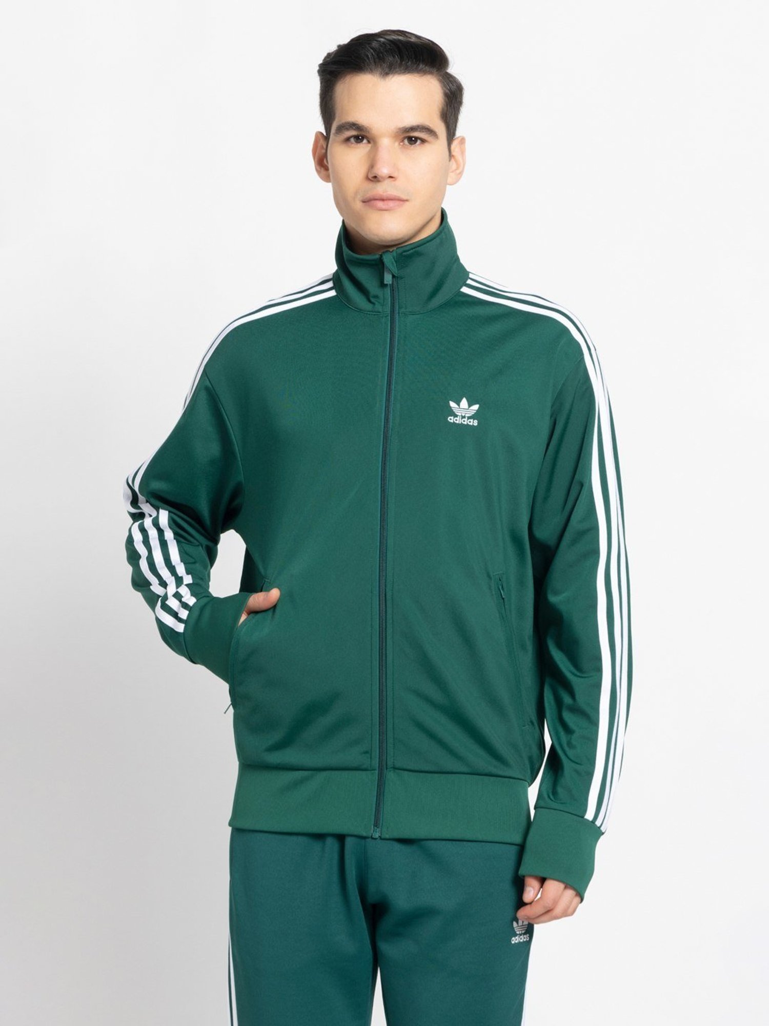 Adidas Originals Green Regular Fit Striped Sports Jacket