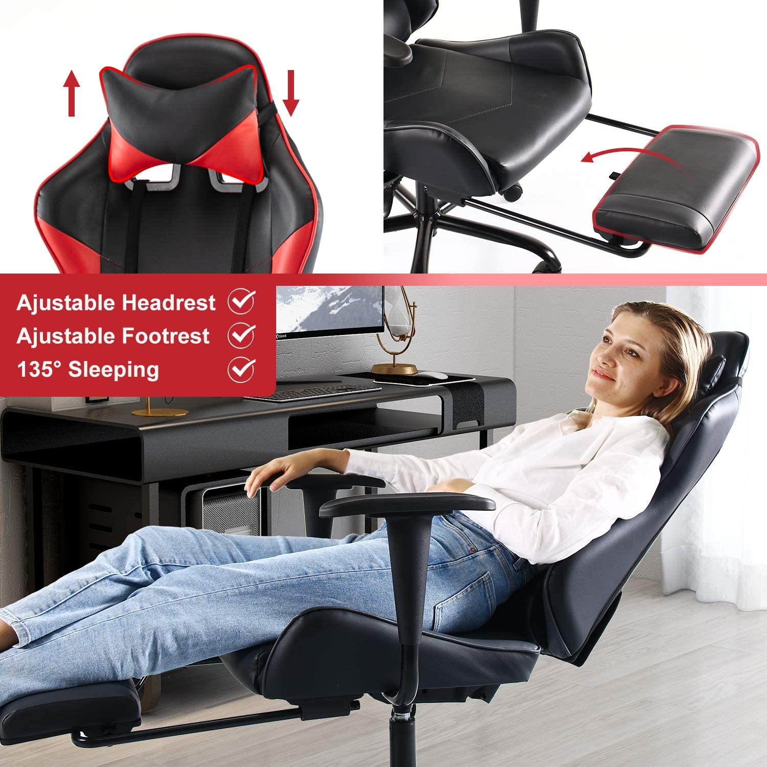 SMUGDESK Gaming Chair with Footrest Racing Style Recliner with Lumbar Support, Ergonomic Office Armchair for Computer PU Leather High Back Desk Chair Headrest Swivel Rocking Desk Chair, Blue