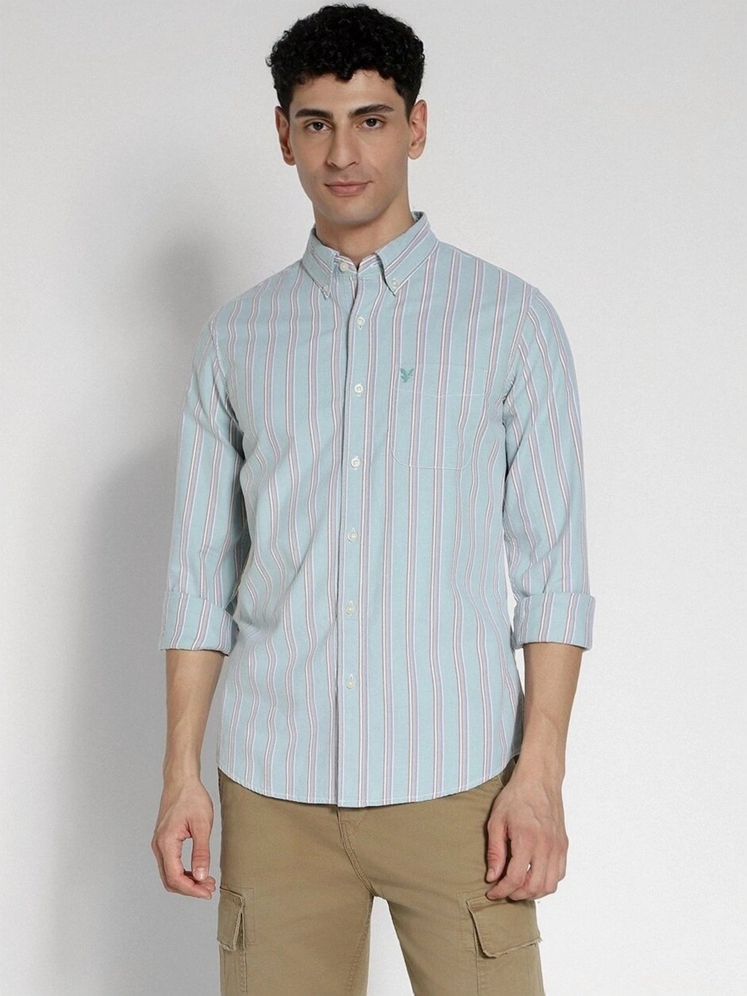 American Eagle Blue Cotton Slim Fit Striped Shirt