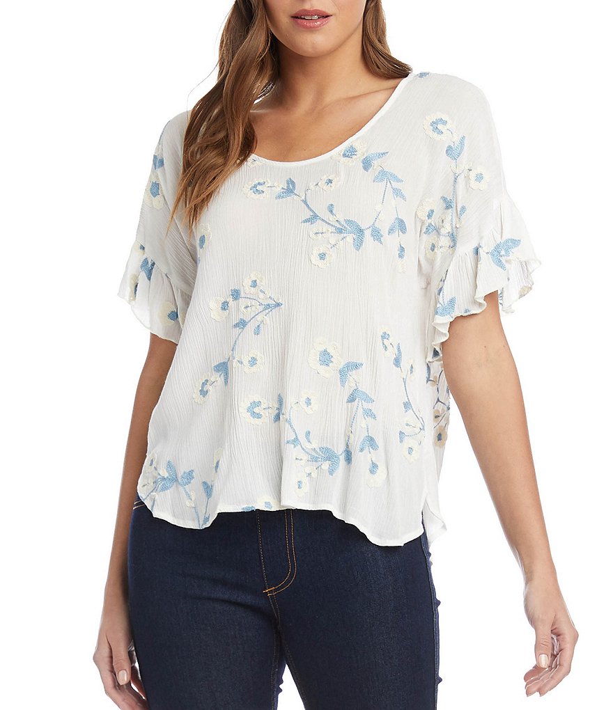 Karen Kane Floral Embroidered Scoop Neck Ruffle Short Sleeve Top
