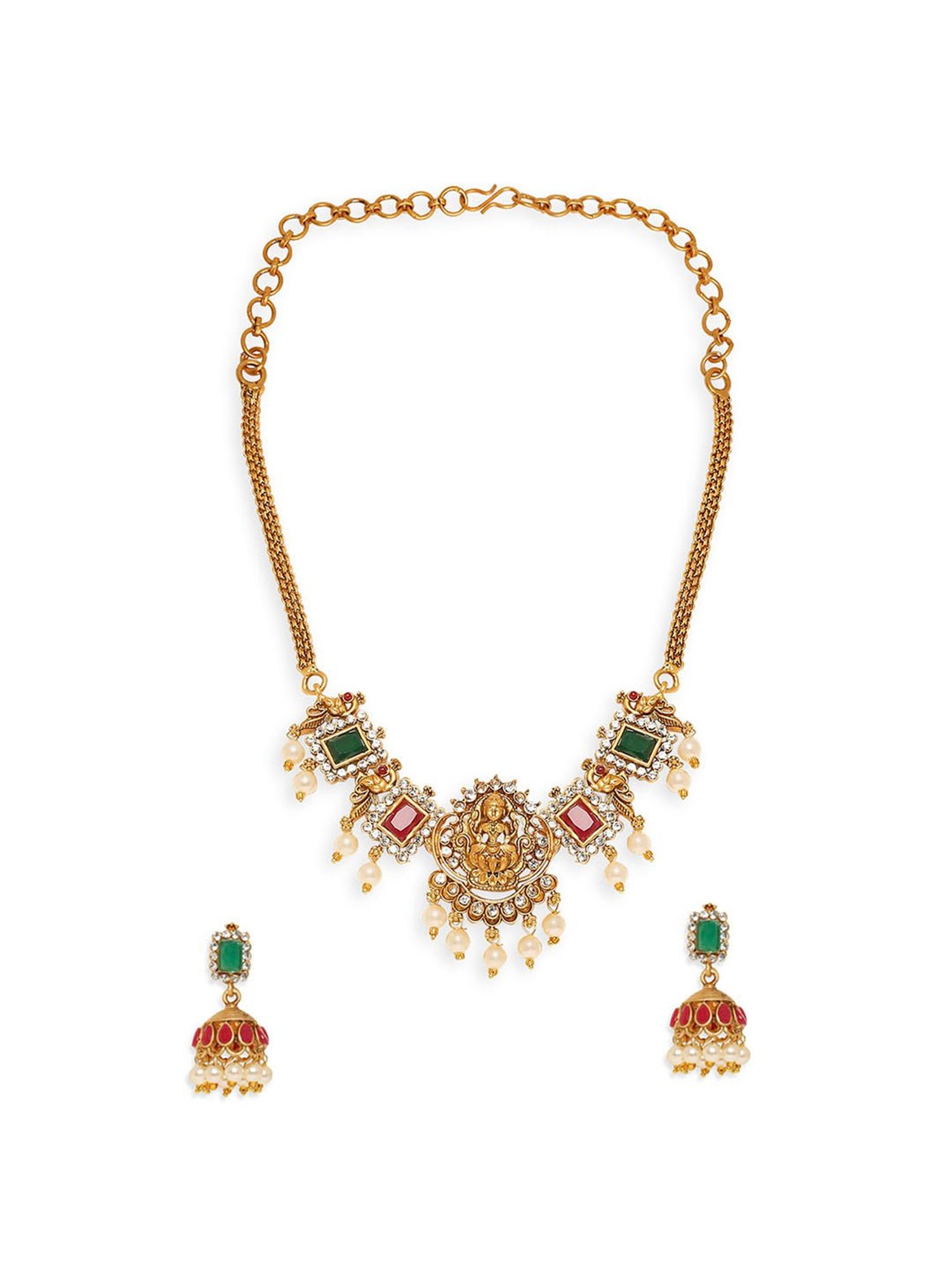OOMPH Antique Gold Tone Red & Green Stone & Beads Choker Necklace Set with Jhumka Earrings