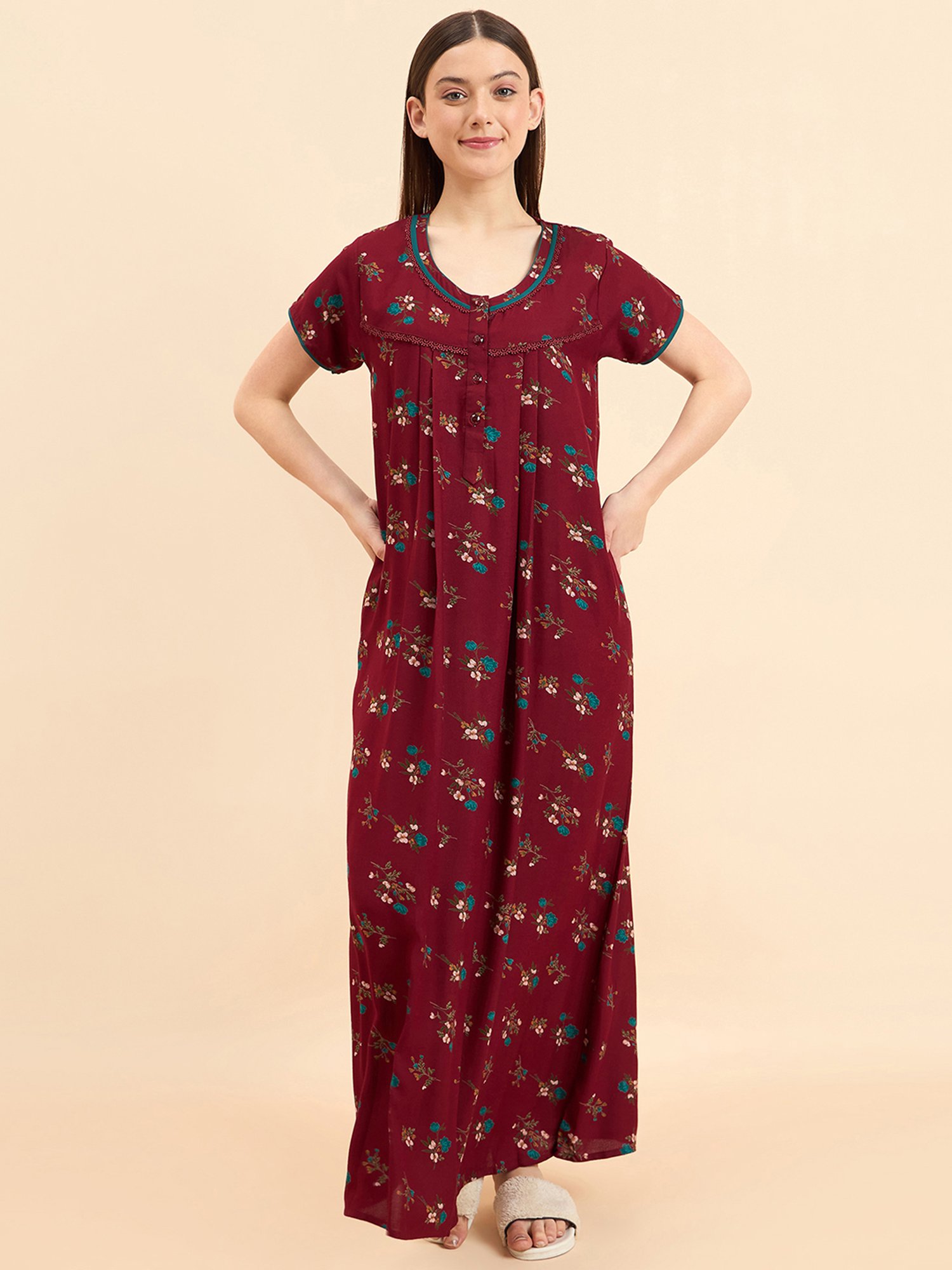 Sweet Dreams Maroon Cotton Floral Print Nighty