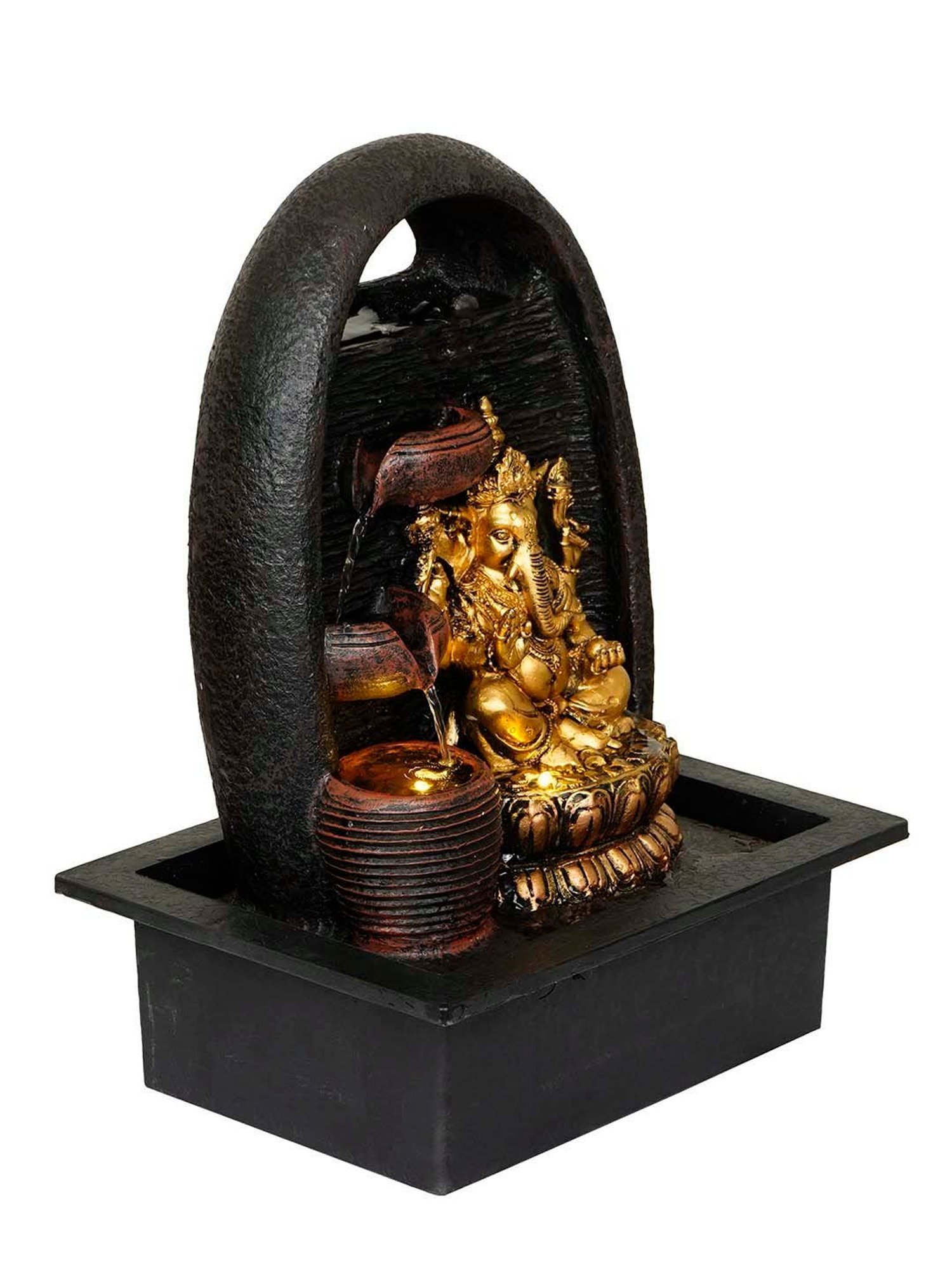 CHRONIKLE Brown & Golden Polyresin Ganesha Idol 3 Diya Steps Waterfall Fountain