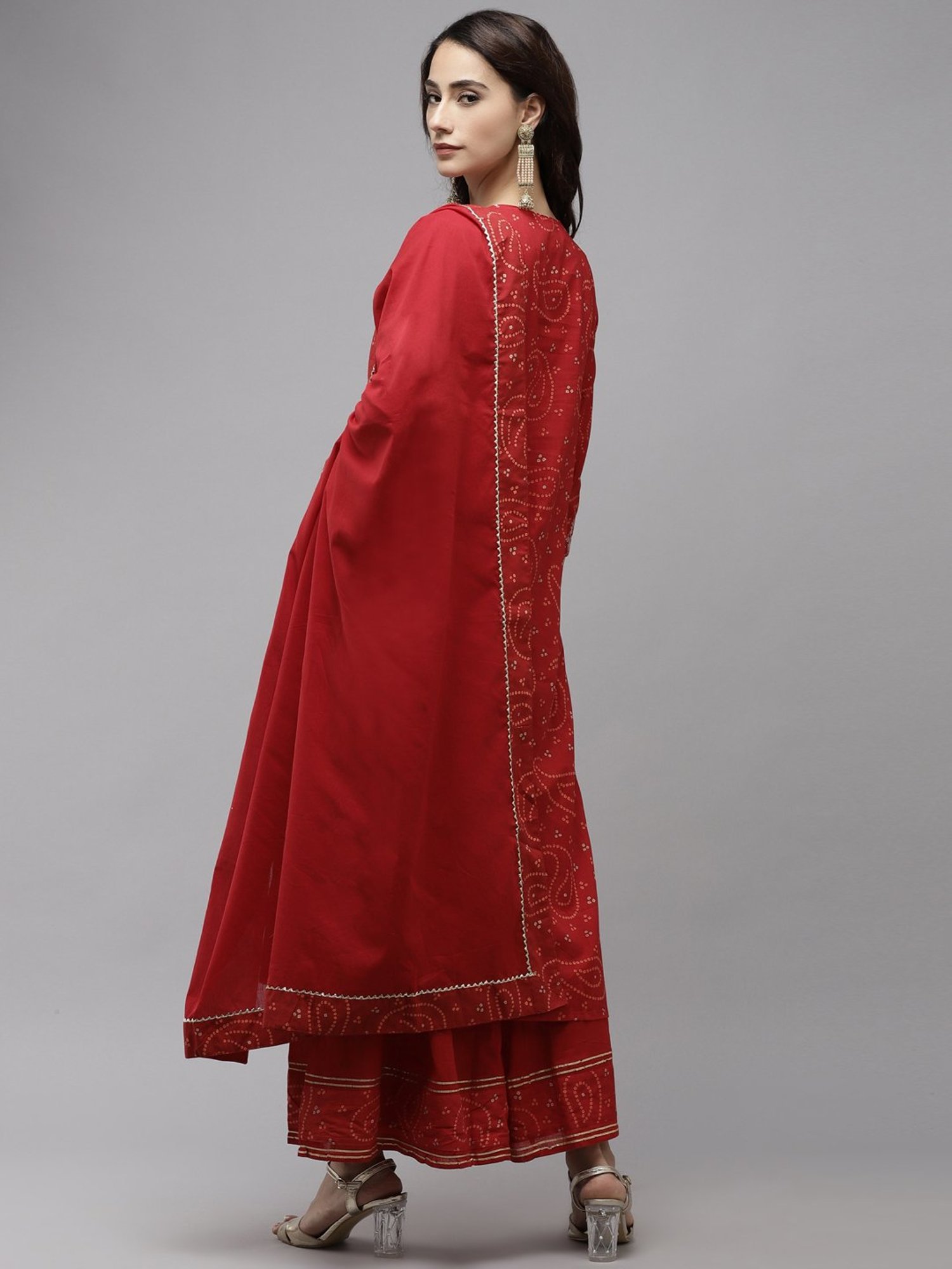 Ishin Red Pure Cotton Embellished Kurta Sharara Set With Dupatta